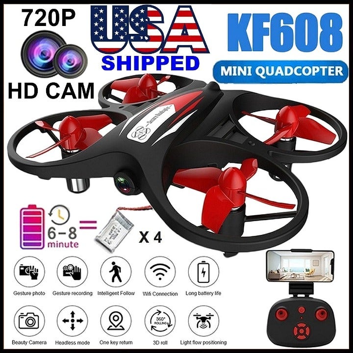 KF608 FPV mini Drone, 720P HD Cam, 32mins Flight Time, 30m, 4 Batteries, 3 Speed