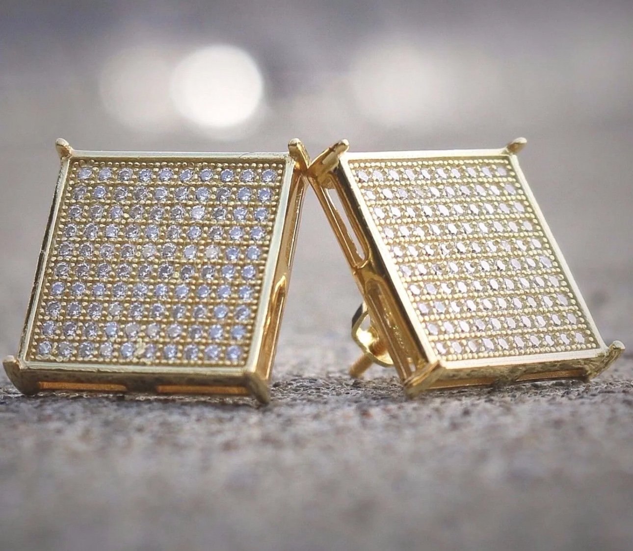 14k White Gold Plated Mens Iced Real Silver Square Cz Stud Earrings