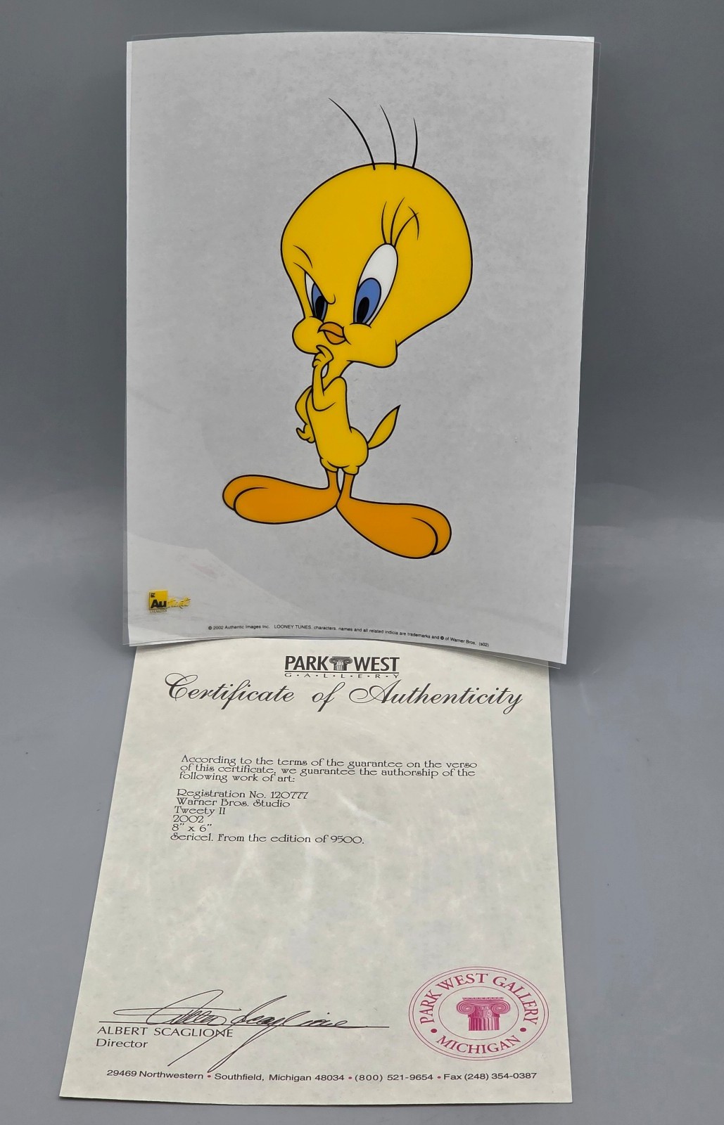 Looney Tunes "Tweety" Bird Warner Brothers Sericel 8" x 6" w/COA, 1 of 9500