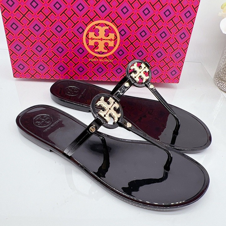 Tory Burch Mini Miller Womens Thong Flat Sandal Black Rubber Gold Logo US 8