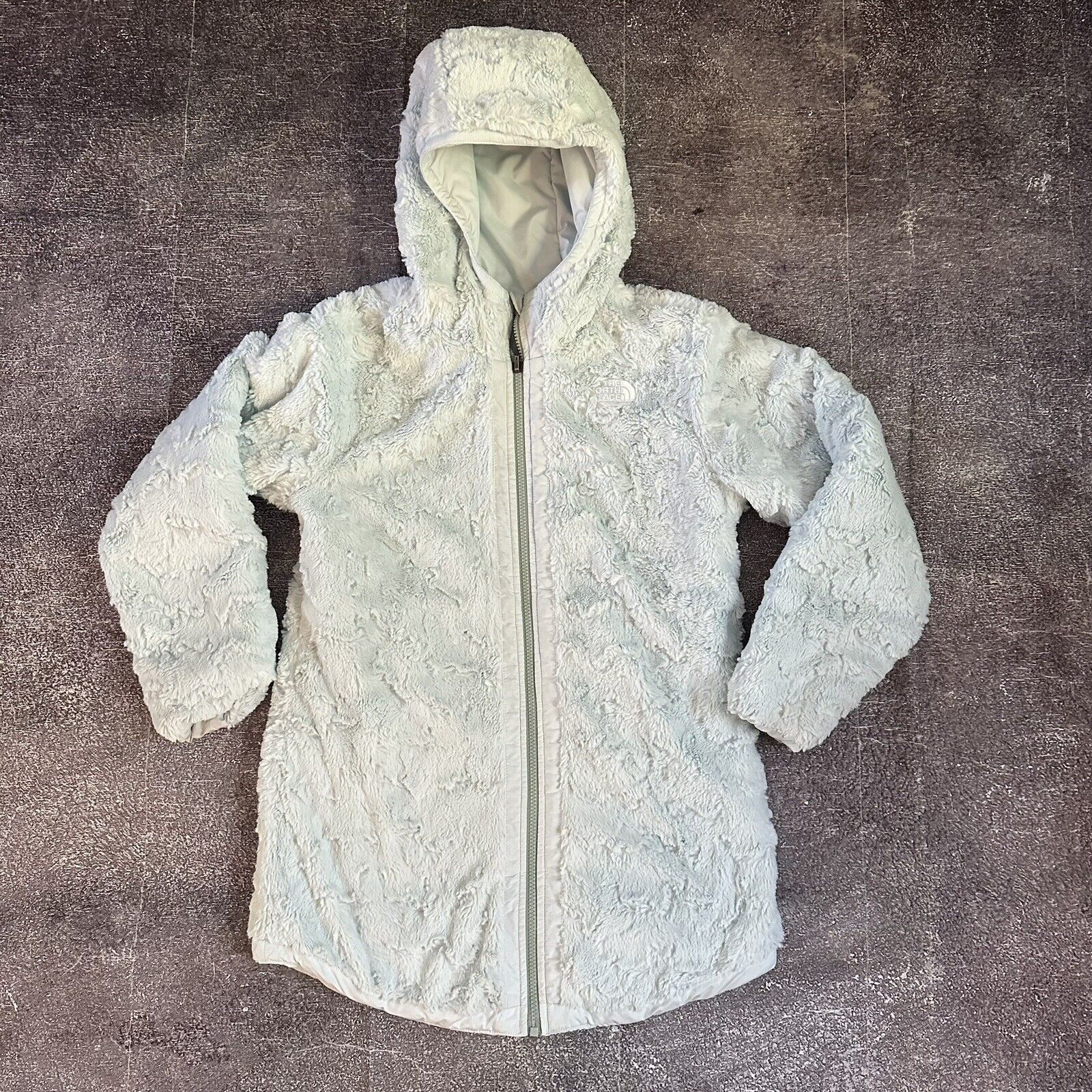 Girl's The North Face Reversible Mossbud Swirl Ice Blue Hooded Parka Jacket Sz L