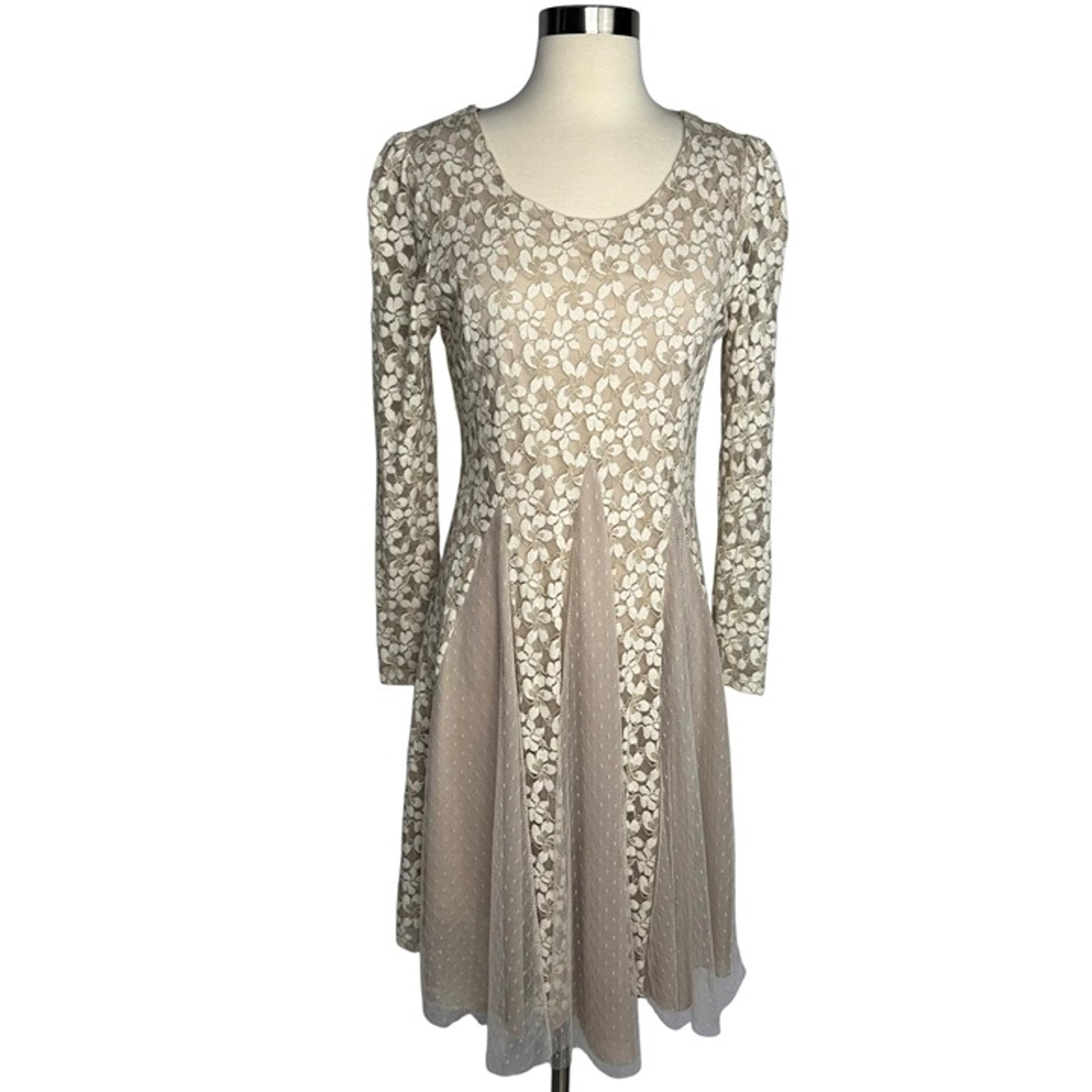 AReve Beige Floral Lace Tulle Dress Edwardian Cottagecore Bohemian Whimsy Sz M