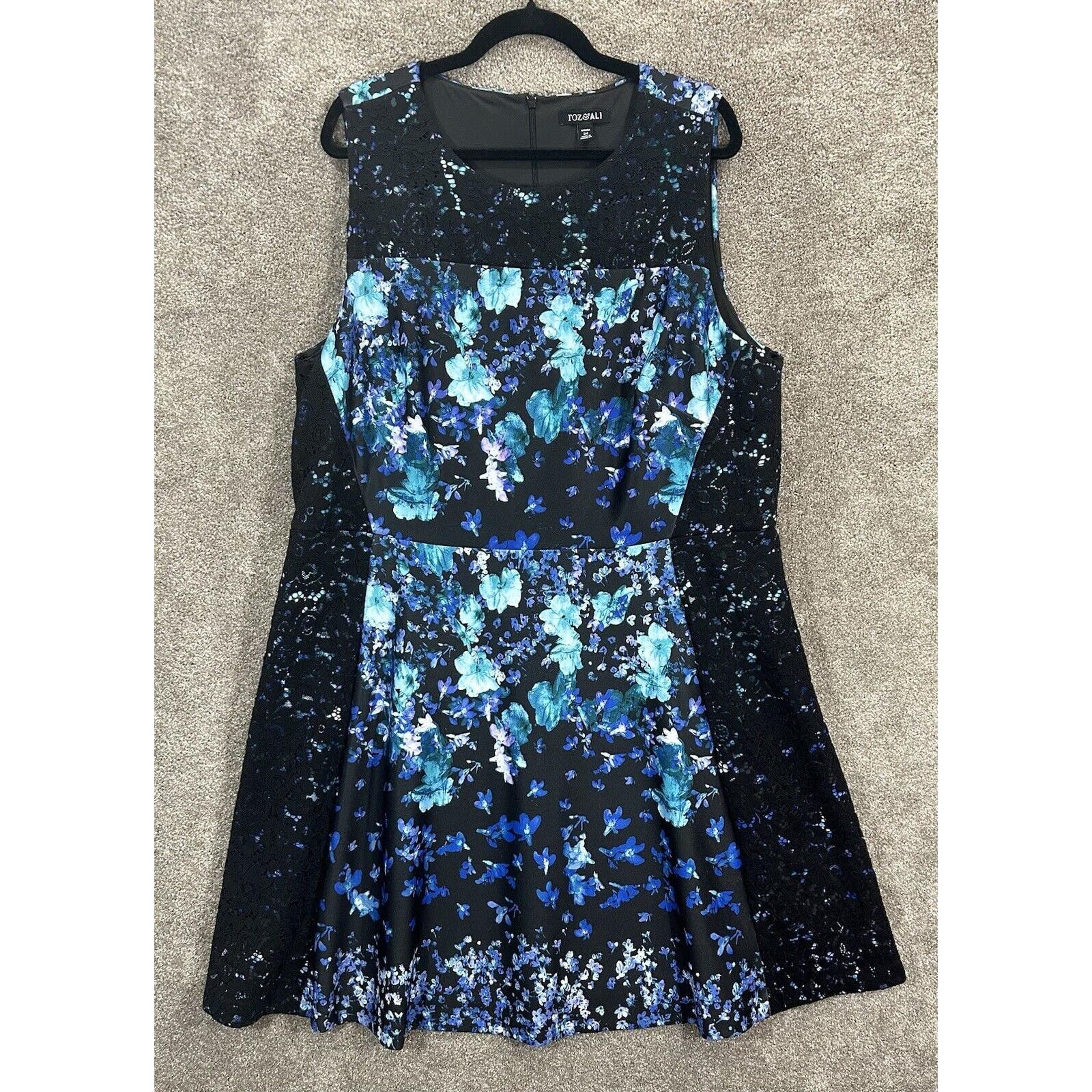 Roz & Ali Dress Size 24 Knee Length Black Blue Floral Lace Overlay Back Zip