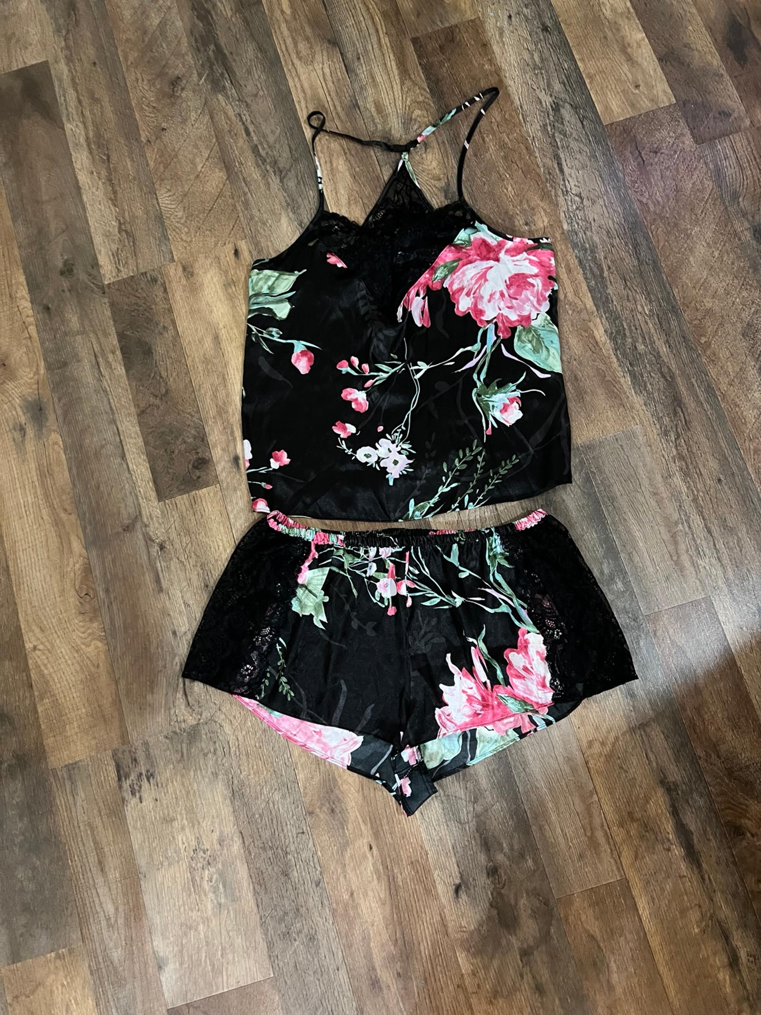 Secret Treasures Womens Satin Lace Babydoll Cami & Shorts Pjs Set L Black Floral
