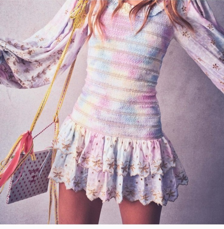 LoveShackFancy Celia Smocked Multicolor Long Sleeve Tiered Mini Dress Size Small