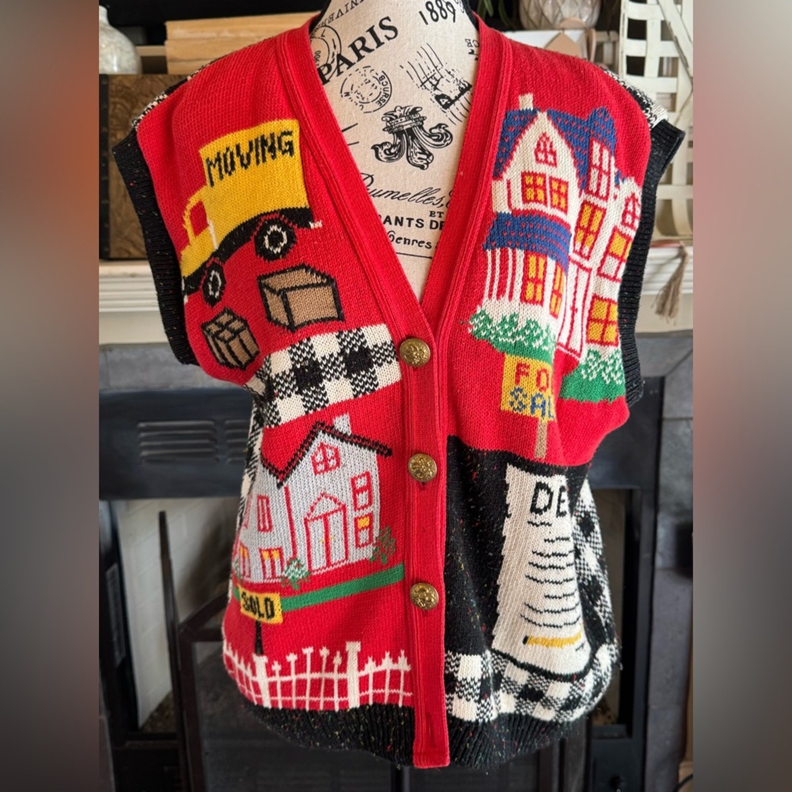 Vintage Kitsch Realtor Sweater Vest Embroidered Deed For Sale Made in USA Artsy
