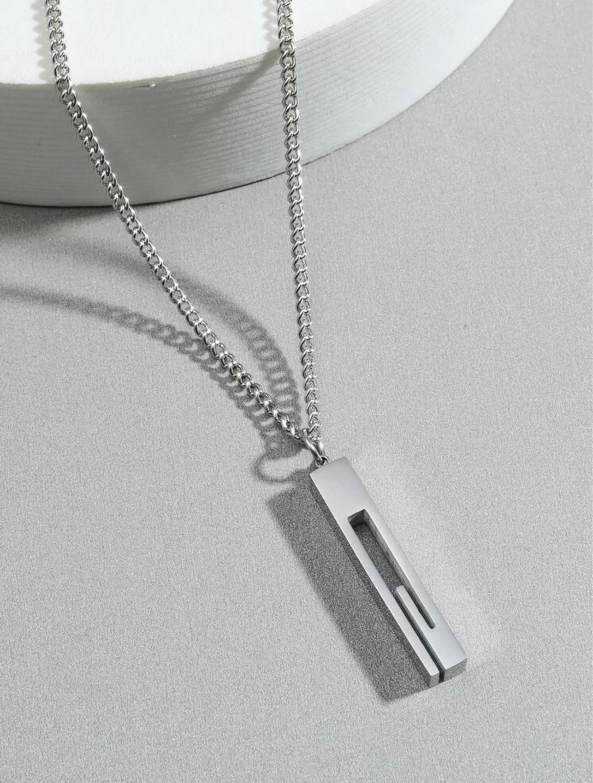 “Maze” Letter G/E Abstract Geometric Windy Silver Bar Stainless Steel Necklace