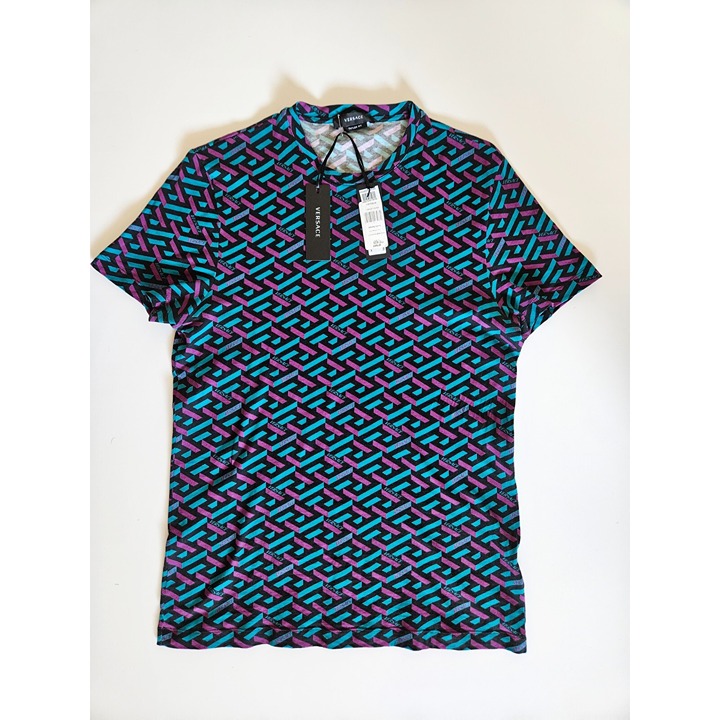 Versace Logo Print Cotton T-Shirt Teal Plum Size Small w/ Tags | 100% Authentic