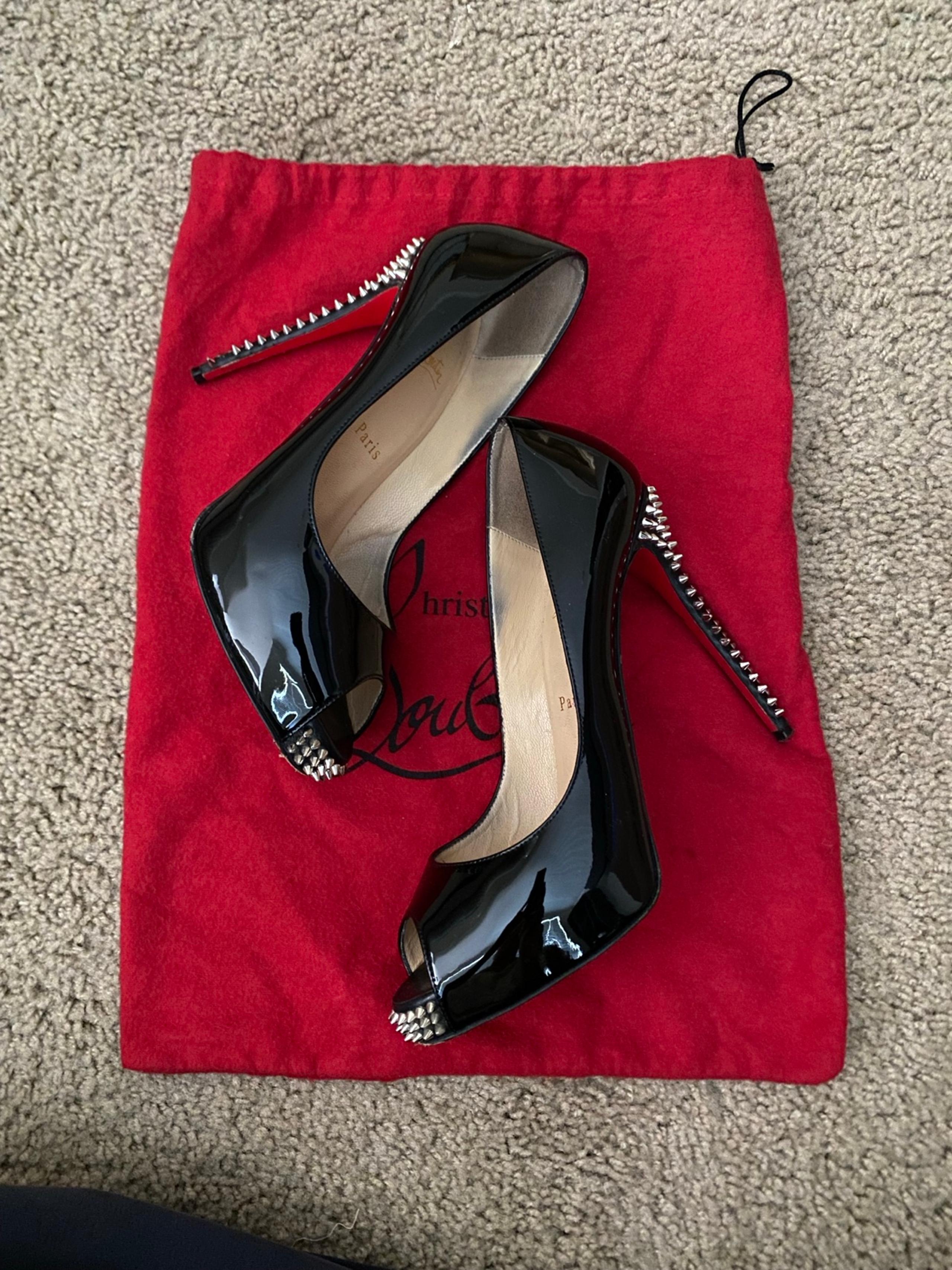 Christian Louboutin Black Patent Leather Very Prive Peep Toe Studded Pumps
