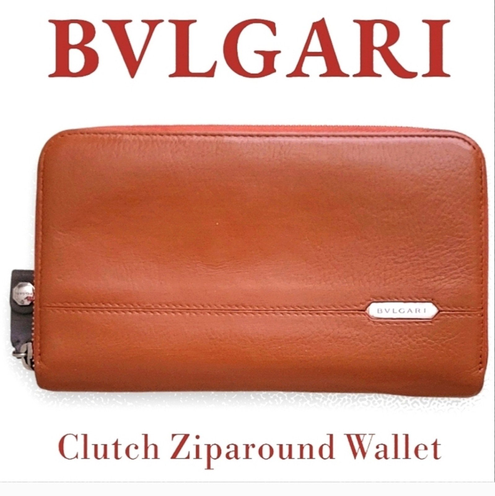 Authentic BVLGARI FGN1439070 Zip-around Orange Leather Clutch Wallet ECU