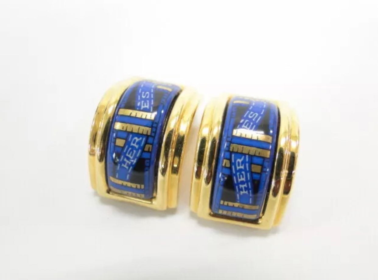 Auth HERMES Clip On Earrings Blue Gold Tone