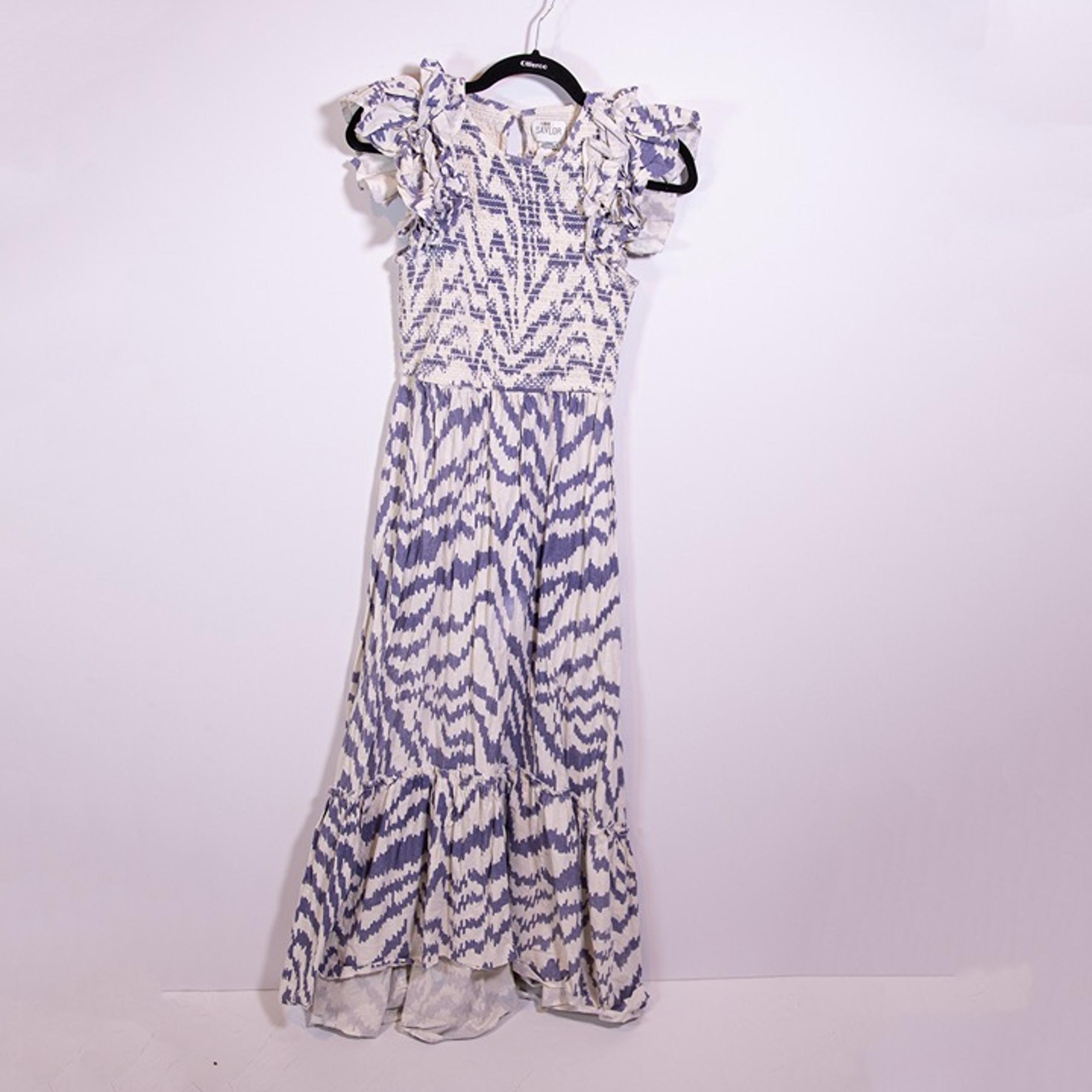Saylor Pilar Cotton Poplin Smocked Ruffle Short Sleeve Tiered Midi Dress Blue S