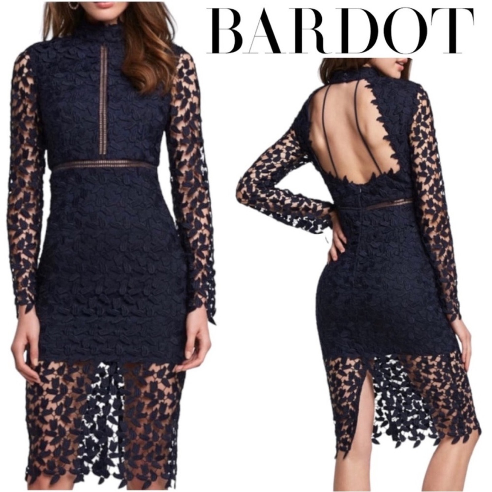 NWT Bardot Alberta Navy Lace Long Sleeve Open Back Midi Sheath Dress Size 8