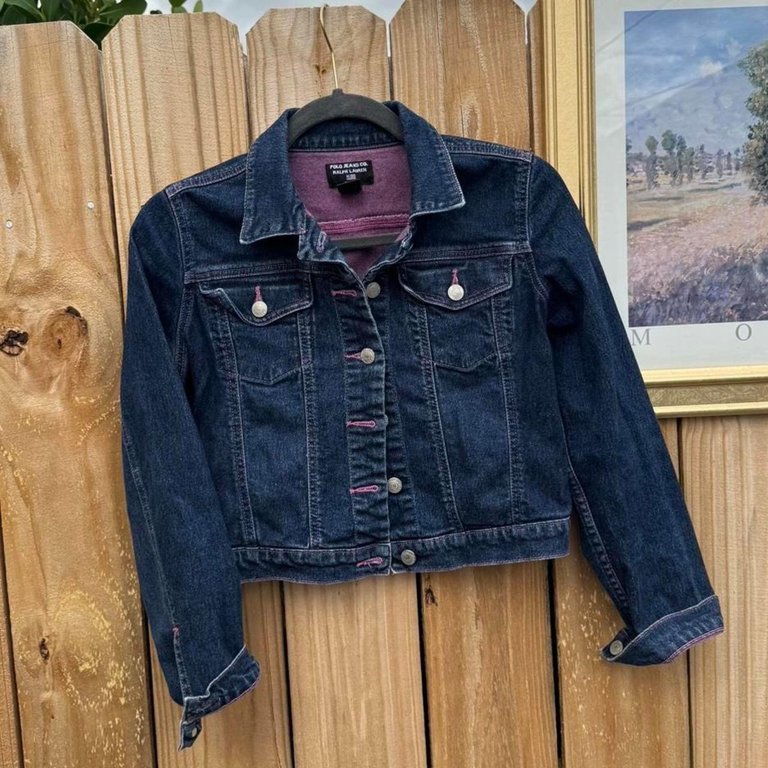 VINTAGE DARK WASH AND PINK CROPPED DENIM JACKET