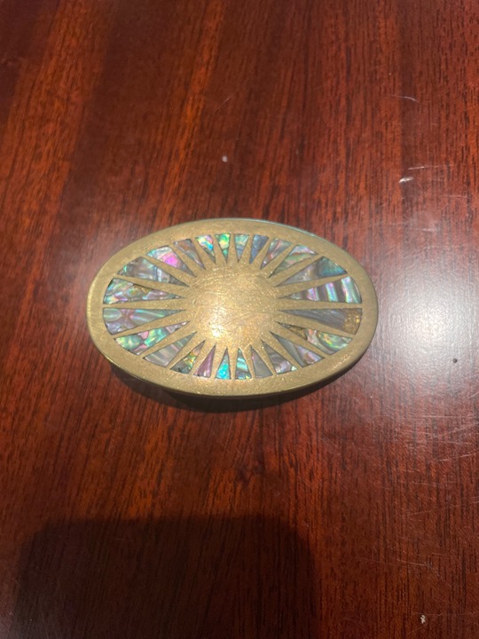 Vintage Rare Unique Solid Brass and Mother of Pearl Belt Buckle