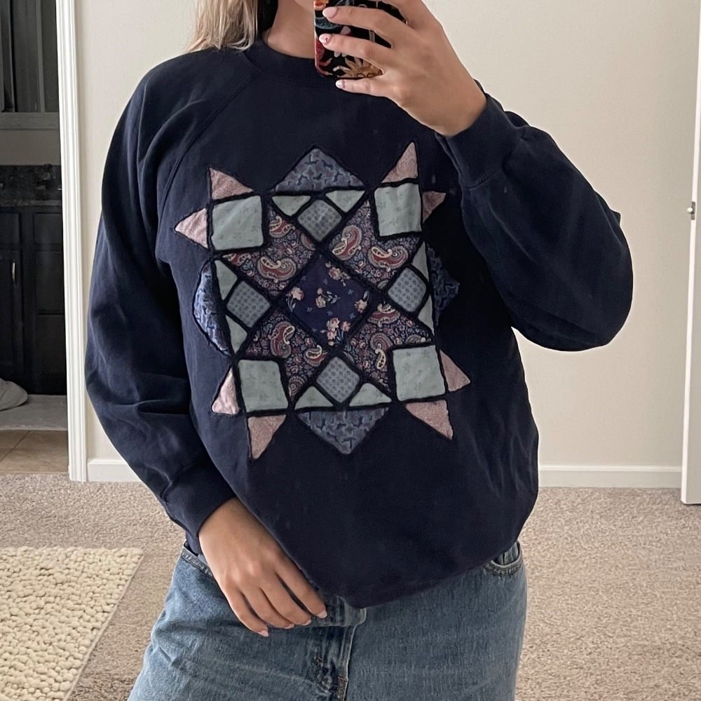 Vintage Hanes Quilt Motif Slouchy Washed Blue Crewneck