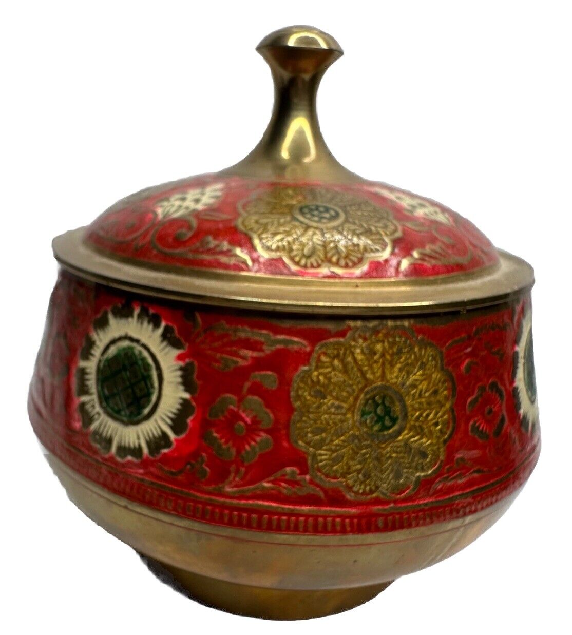 VTG Solid Brass Hand Painted Enamel Trinket Box Lidded Bowl Made in India gift