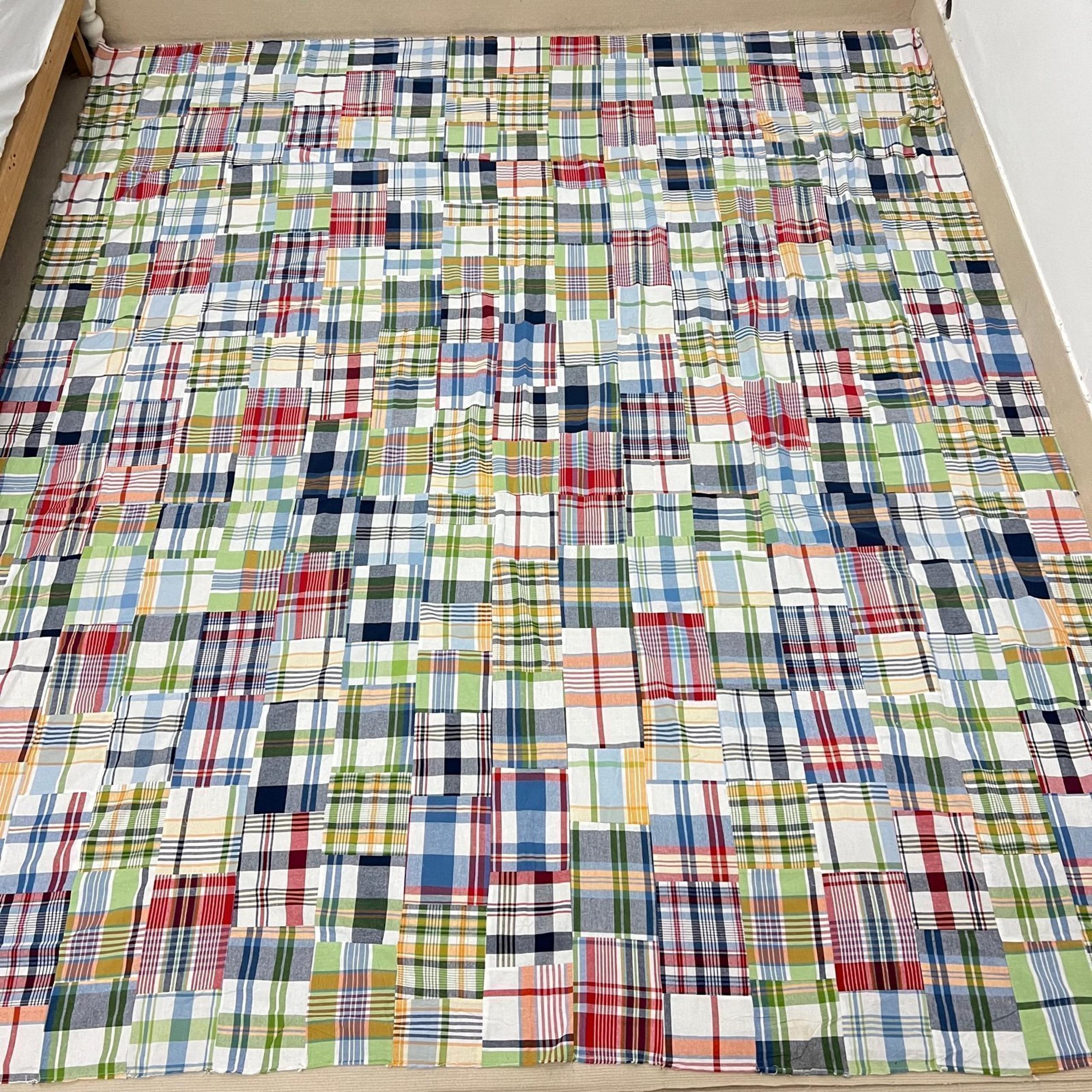Handmade Navy Madras Plaid Patchwork Cotton Queen Size Quilt Top/Topper