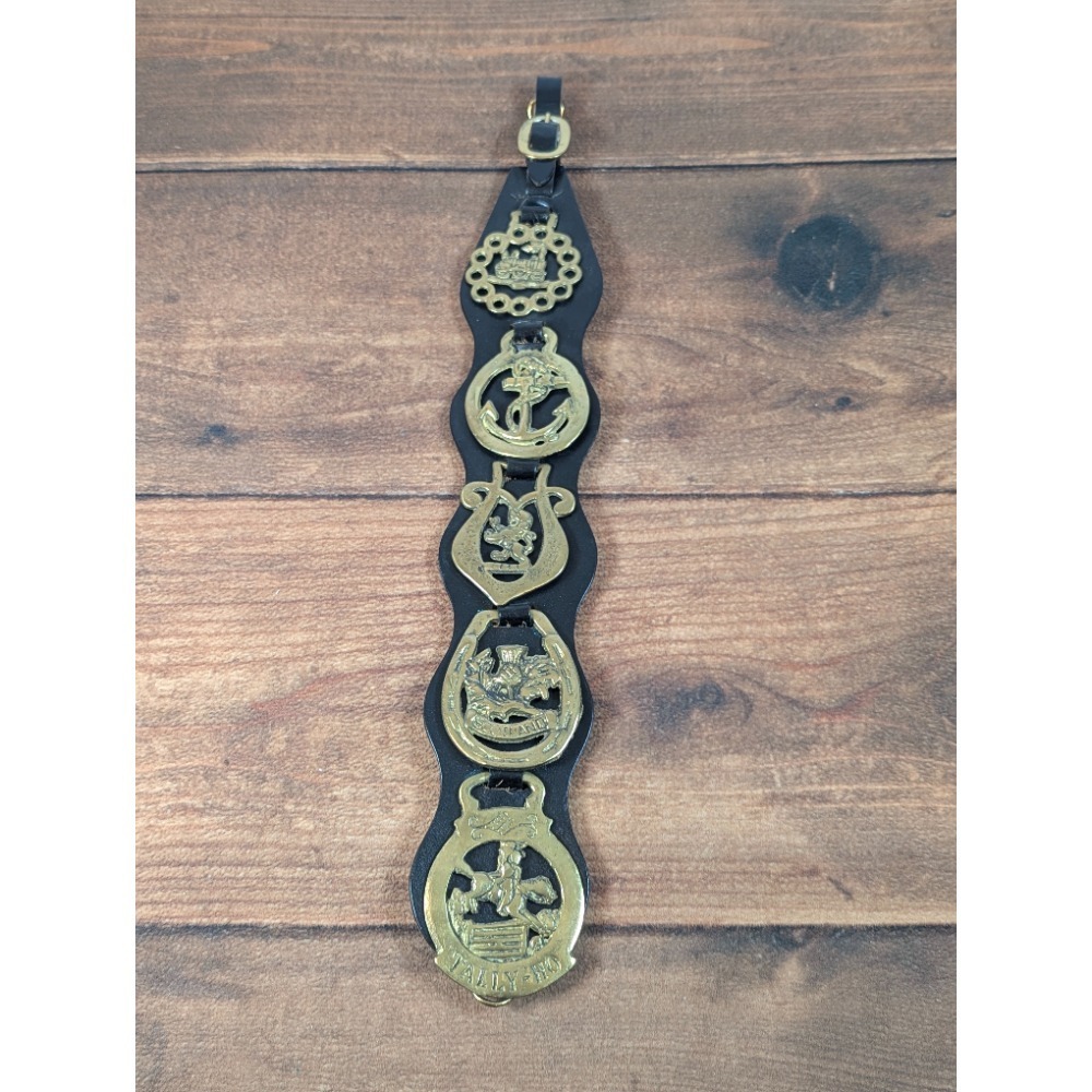Set of 5 Horse Brass Hanger Leather Strap Equestrian Decor Tally-Ho Anchor