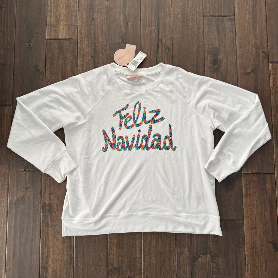 Philosophy White Feliz Navidad Sequin Sweatshirt L NWT