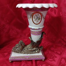 Pink Porcelain & Bronze Cornucopia Horn W/ Gilt Head