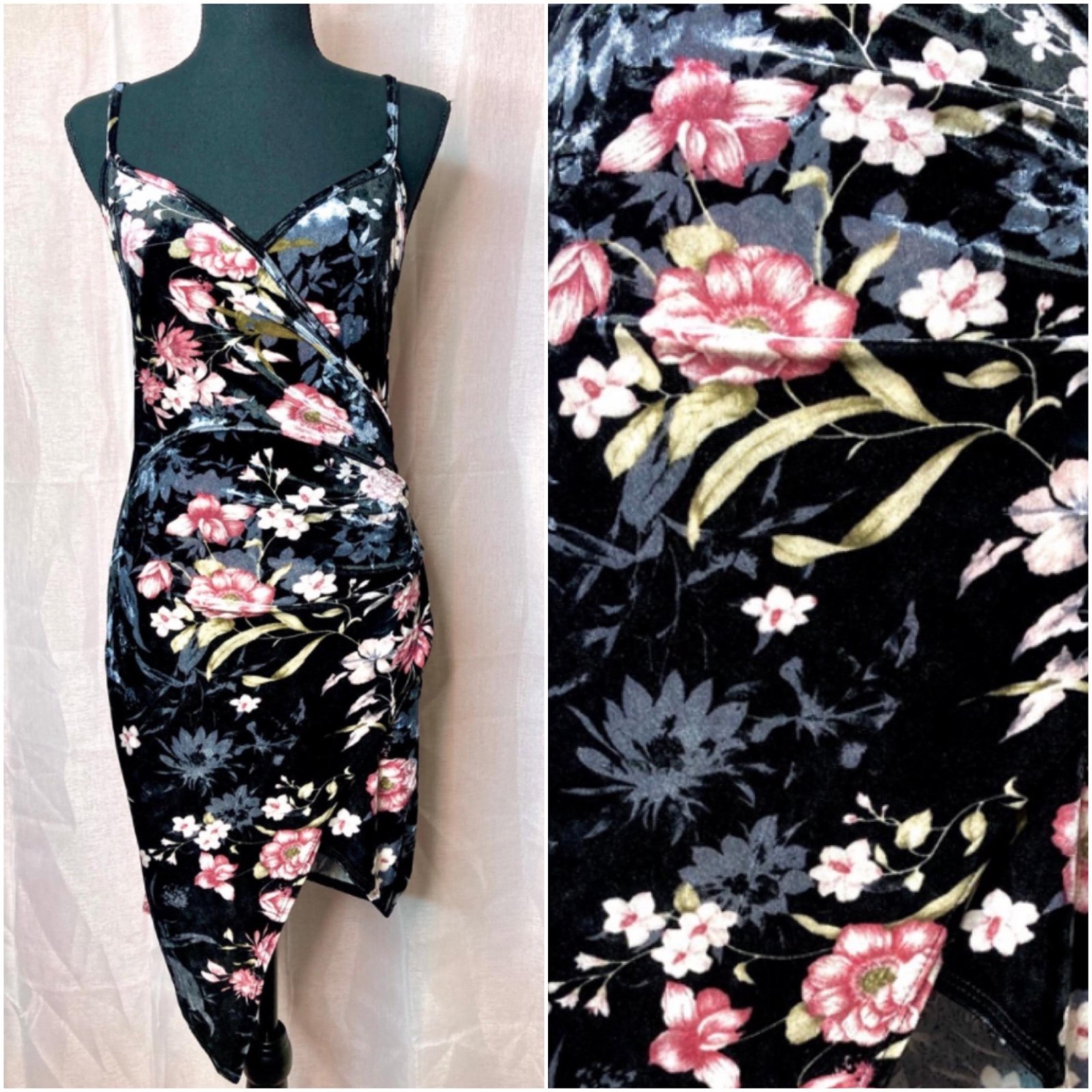 late 80s vintage velvet floral asymmetrical mini dress
