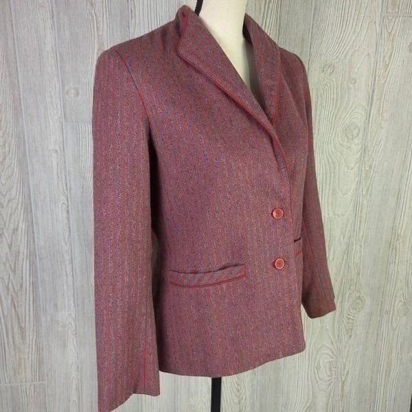 Marnie Womens Size 10 Two Button Closure Suit Jacket Red Blue Pinstripe Pockets