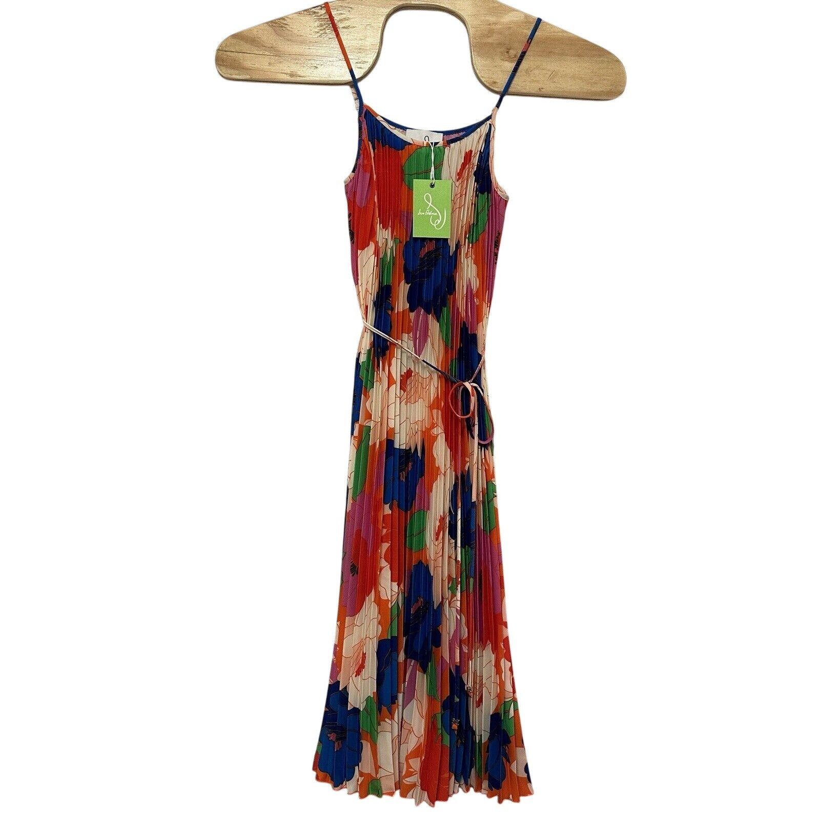 Sam Edelman Small Retro Floral Plisse Multicolor Pleated Midi Flowy Dress Belted