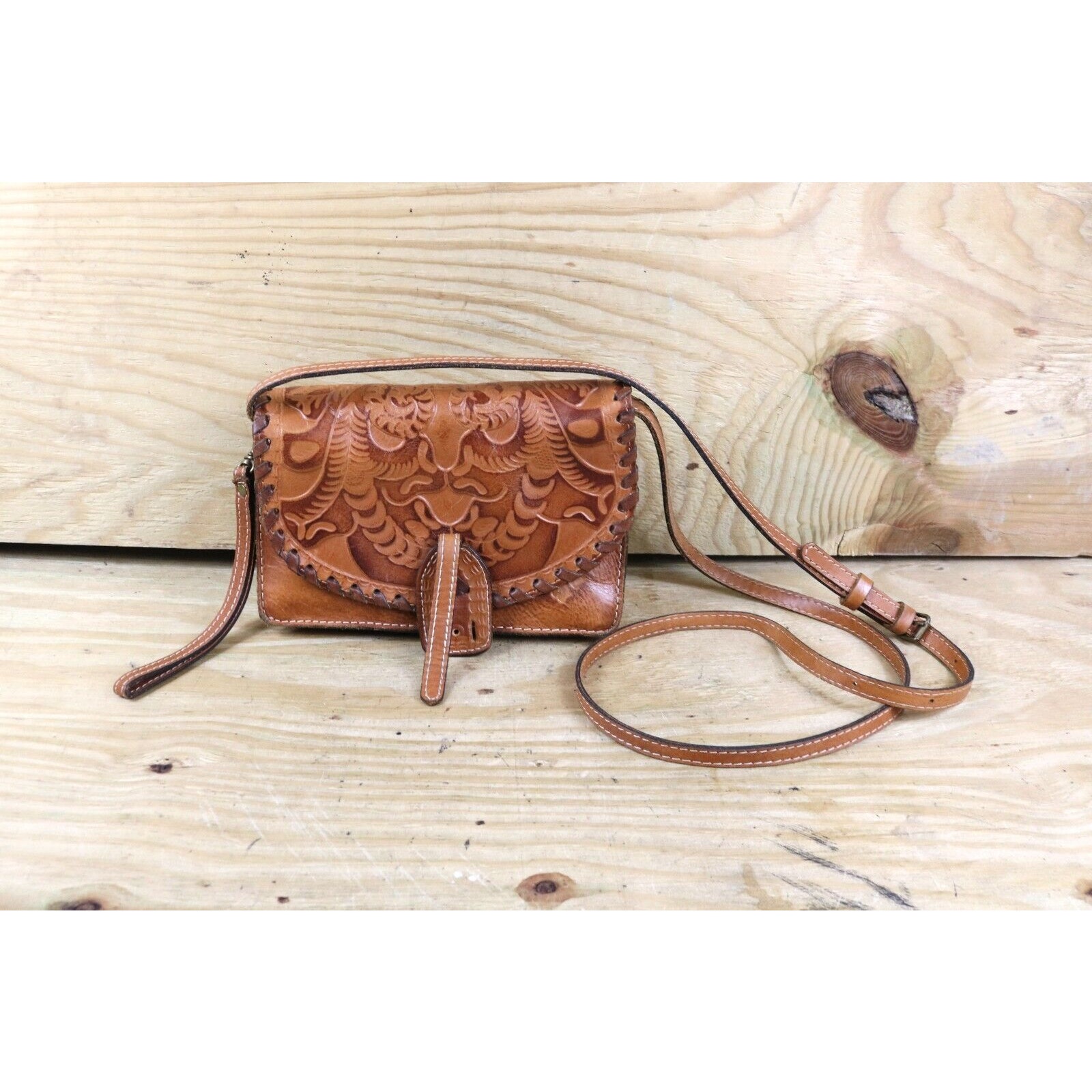 Patricia Nash Handbag Crossbody Tooled Rose Brown Italian Leather Lanza No Clasp