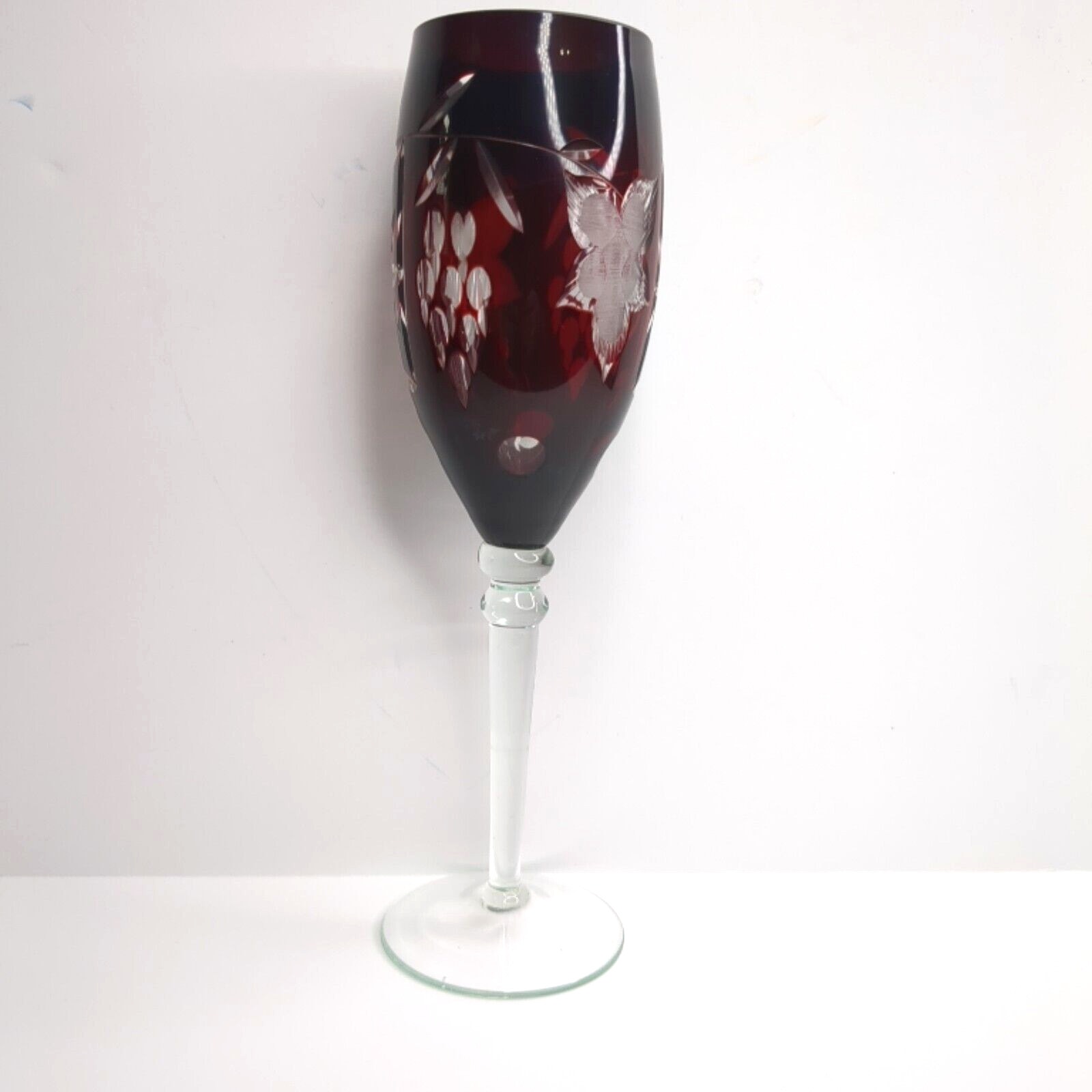 Ajka Marsala Cut Clear Crystal Tall Stem Ruby Red Champagne Flute Glasses 10