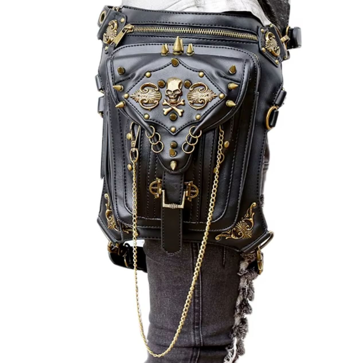 Black Leather Skull Design Satchel Waist Pack