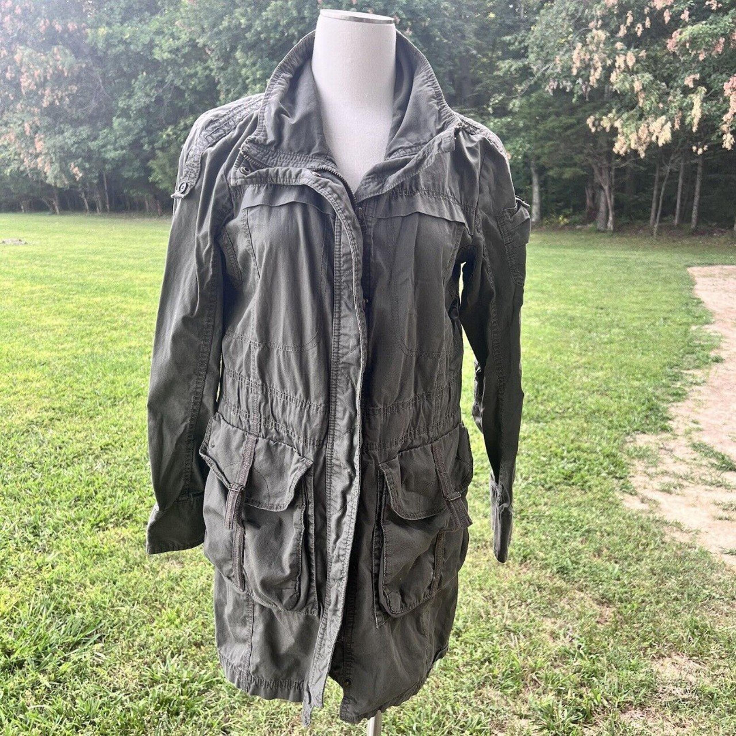 Eddie Bauer Jacket Womens Large Army Green Coat w/ Hood Safari Utility Cotton M