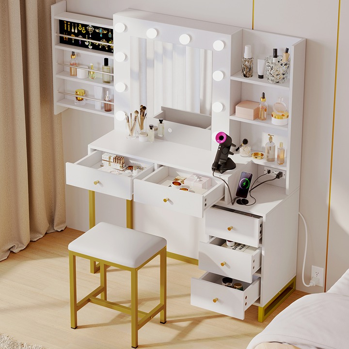 Vanity Makeup Set 5 Drawers with Hidden Jewelry Storage and 10 Led Light Mirror