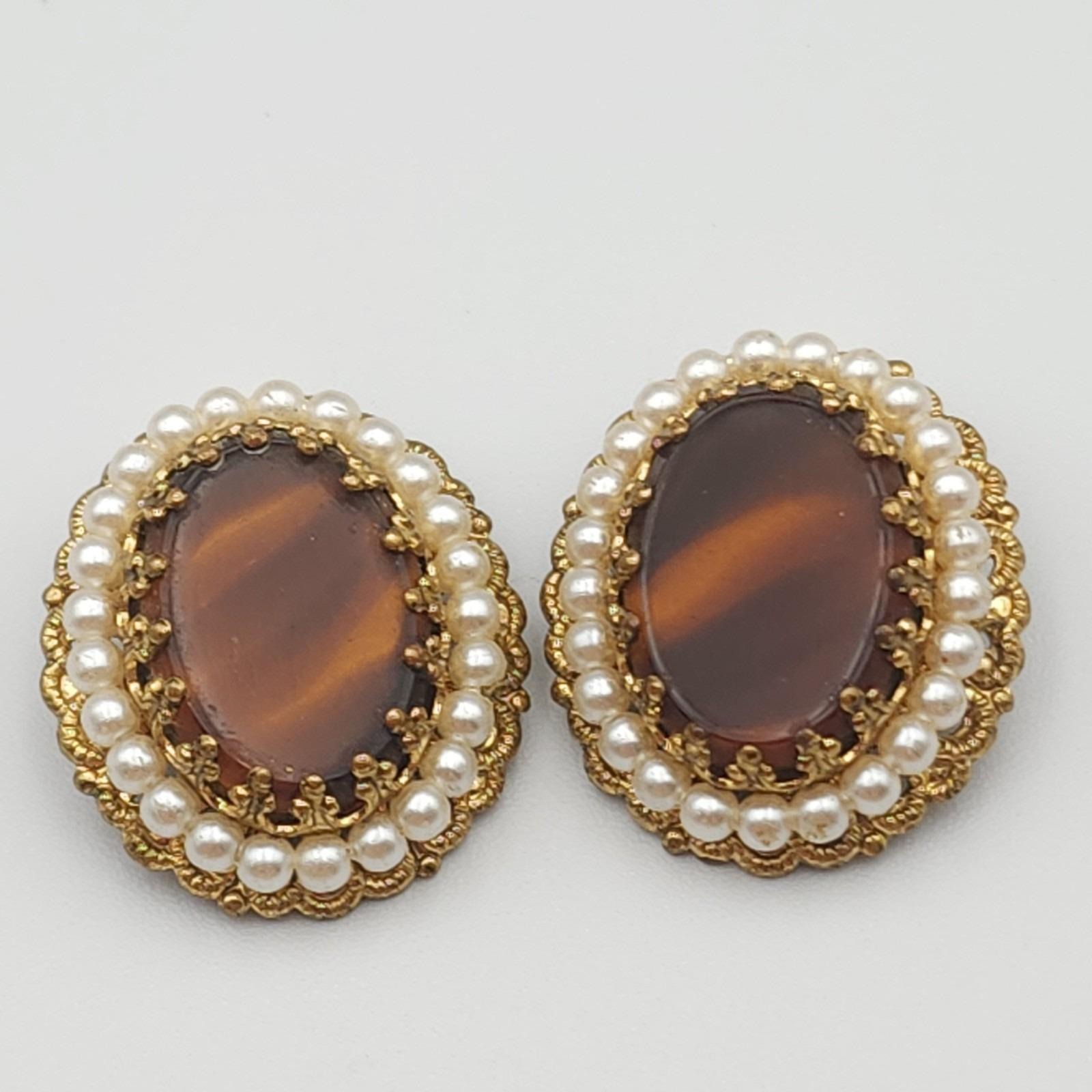 Vintage West Germany Amber Slag Porphyry Glass Faux Pearl Bead Clip Earrings