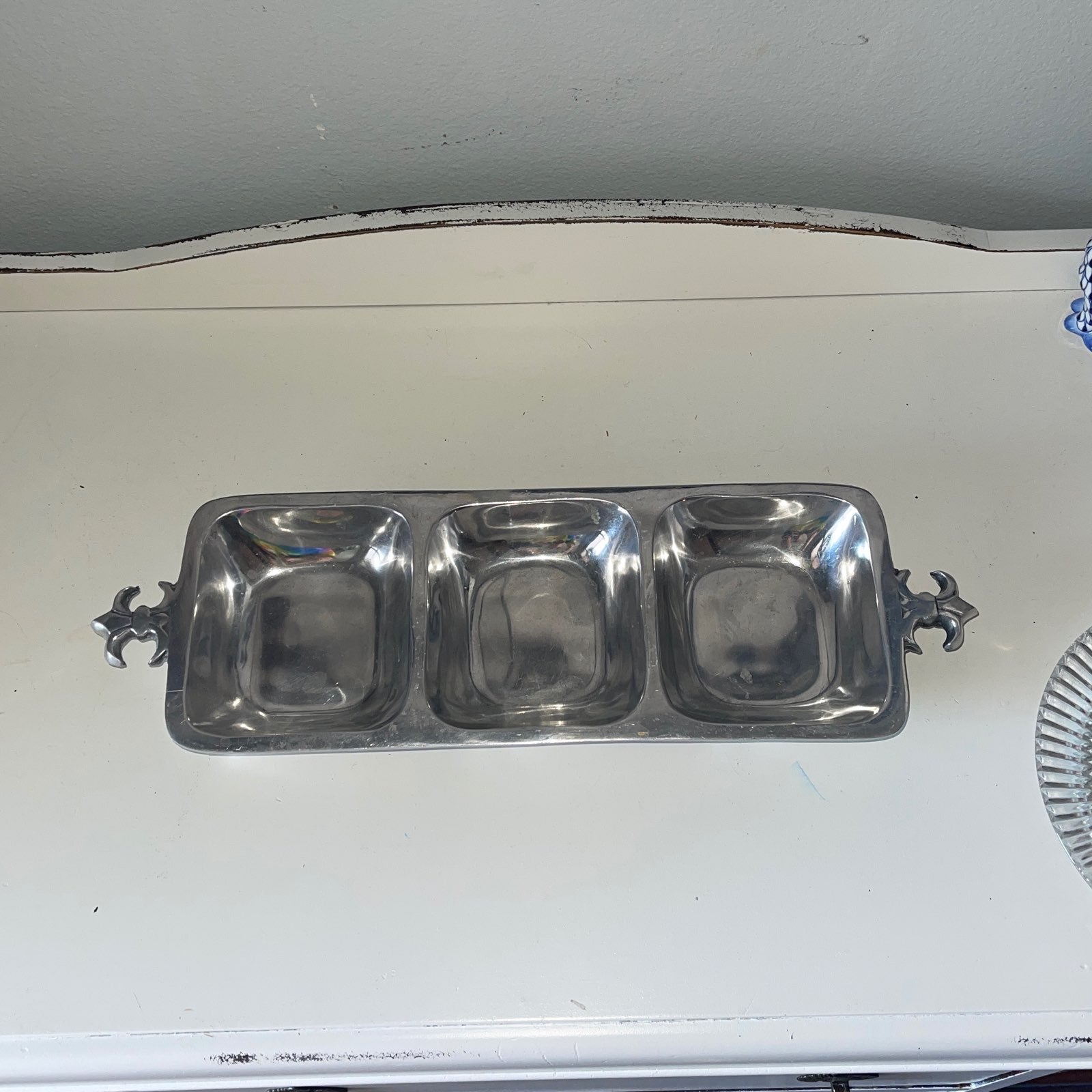 Fluer de lis Pewter 3 compartment serving dish