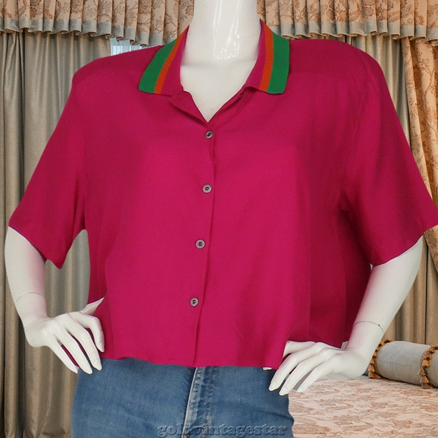 Vintage Cropped Button Up Top Shirt Blouse 2XL