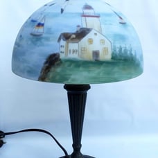 Vintage Table Lamp With Reverse-Painted Nautical Scene Shade