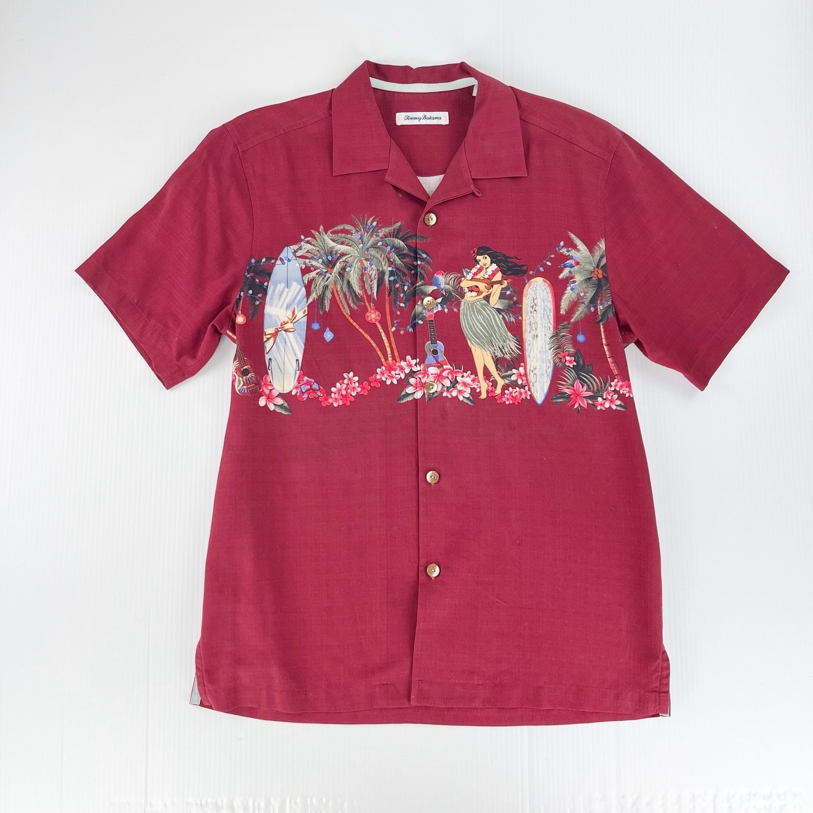 Tommy Bahama Mele Kalikimaka Christmas Holiday Red Button Down Hawaiian Shirt
