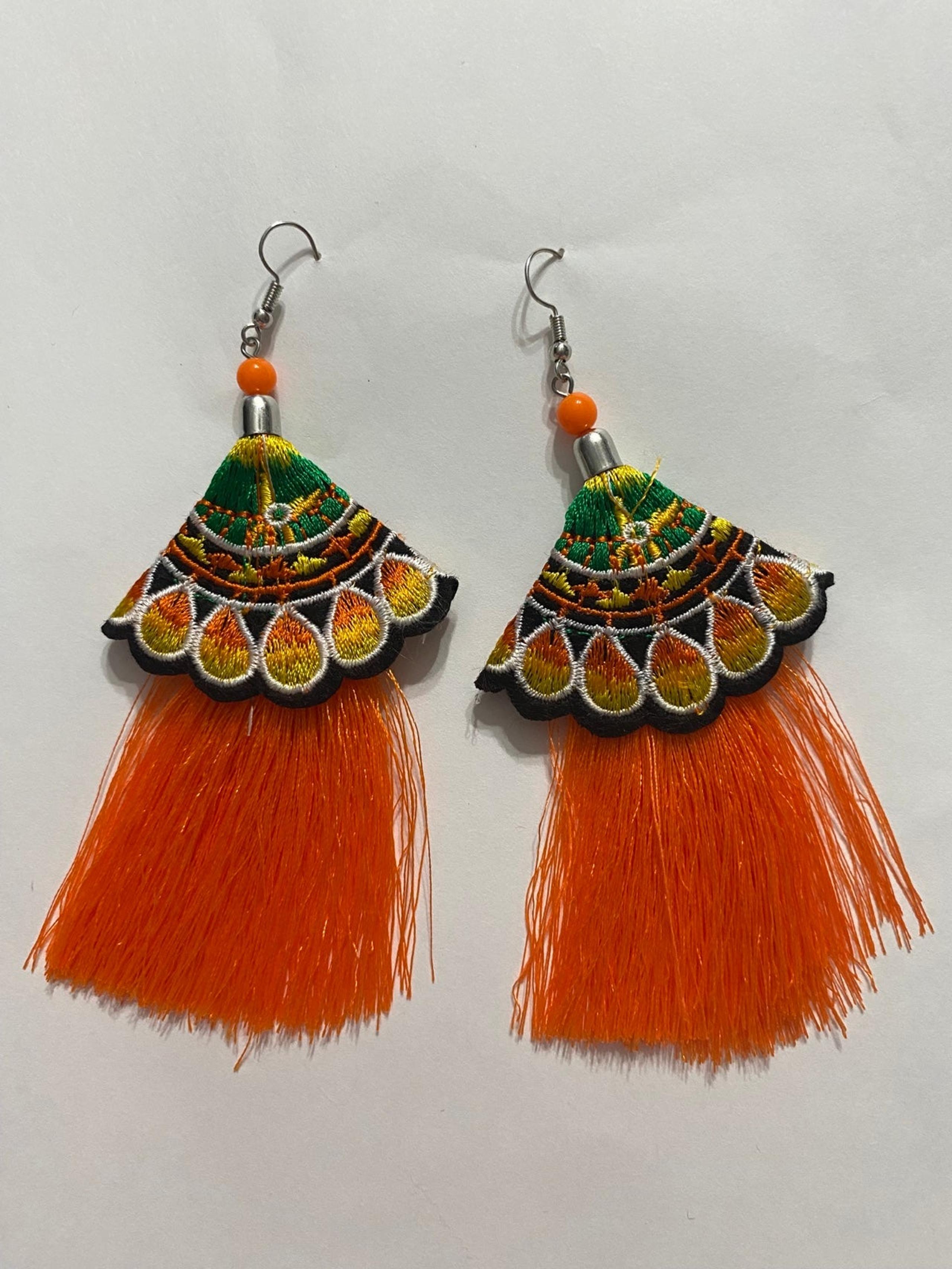 Tassel Earrings embroidered orange boho fun