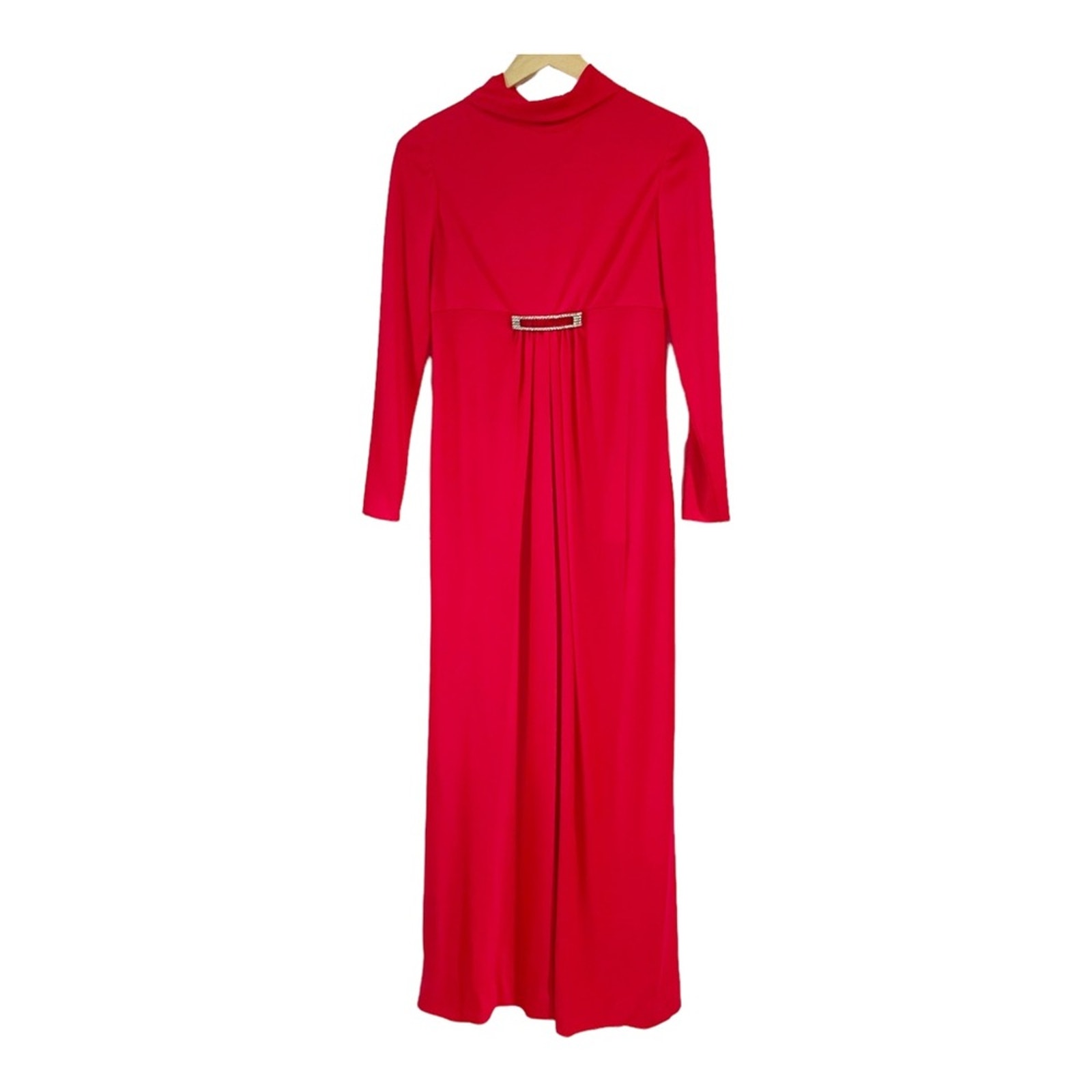 Joan Leslie Kasper Red Long Sleeve Maxi Dress Vintage Gown Rhinestone Embellish