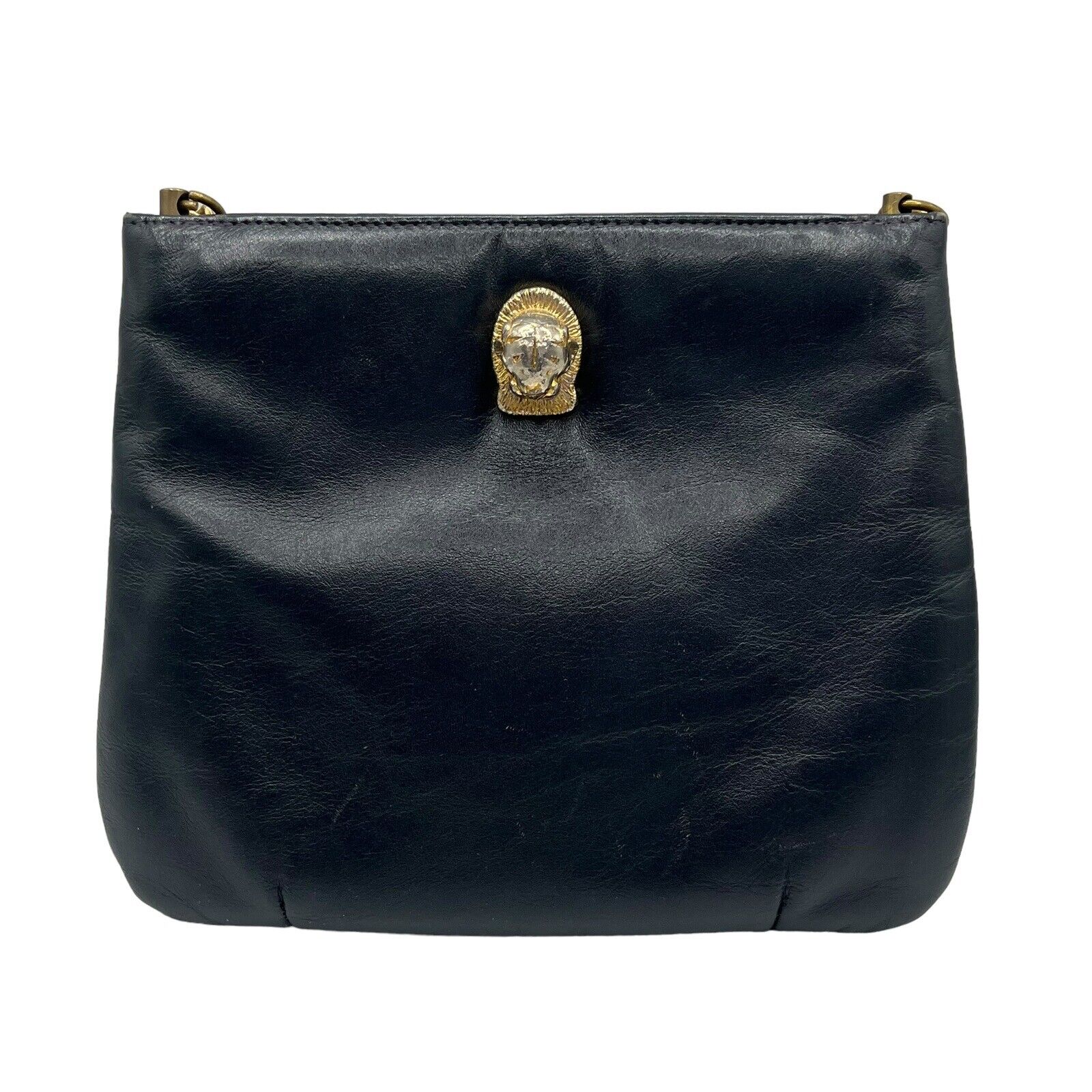 Vtg Ruth Saltz Cat Cougar Lion Head Black Leather Gold Chain Strap Purse Handbag