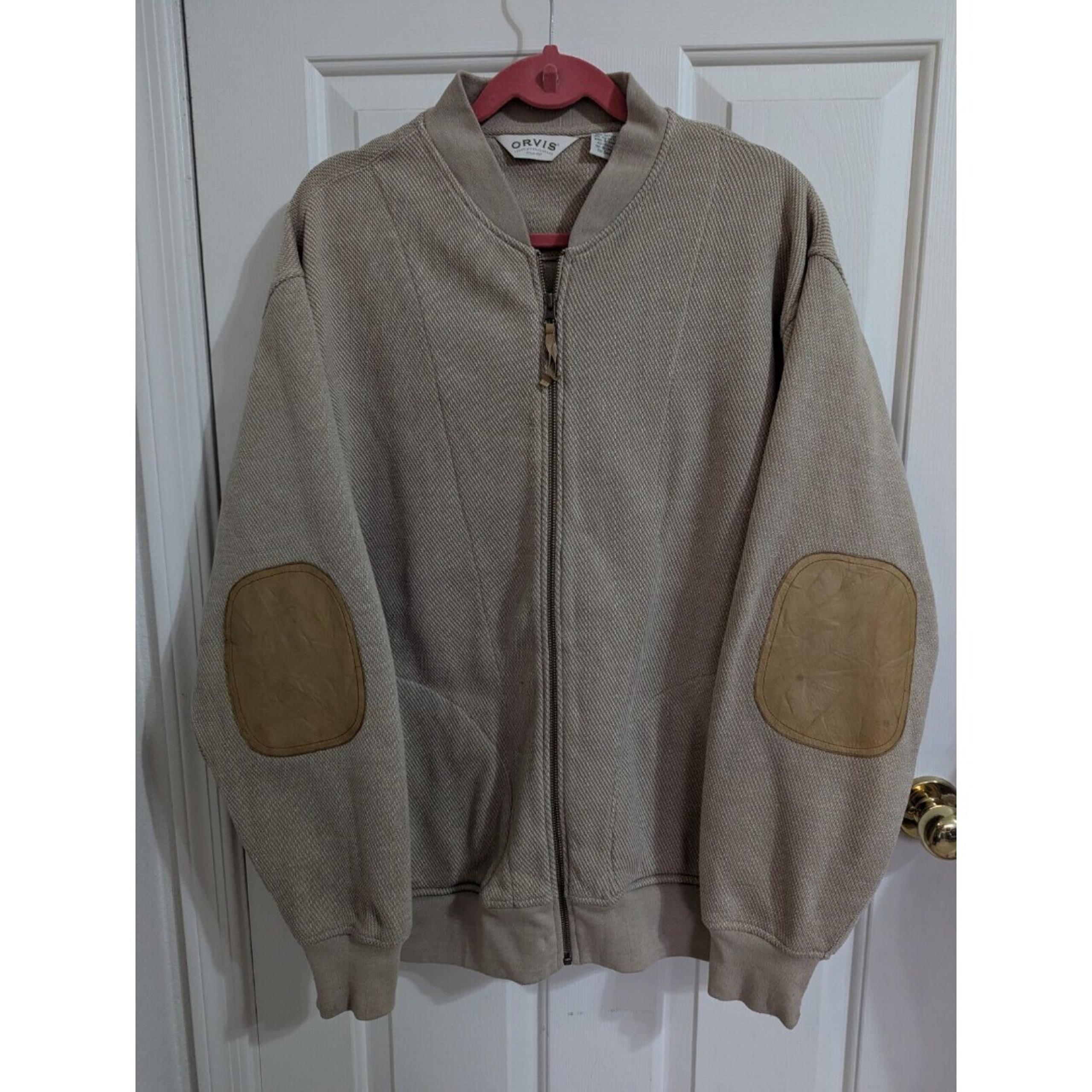 ORVIS Sweater Jacket Mens Large Beige Full Zip Leather Elbow Patches And Trim