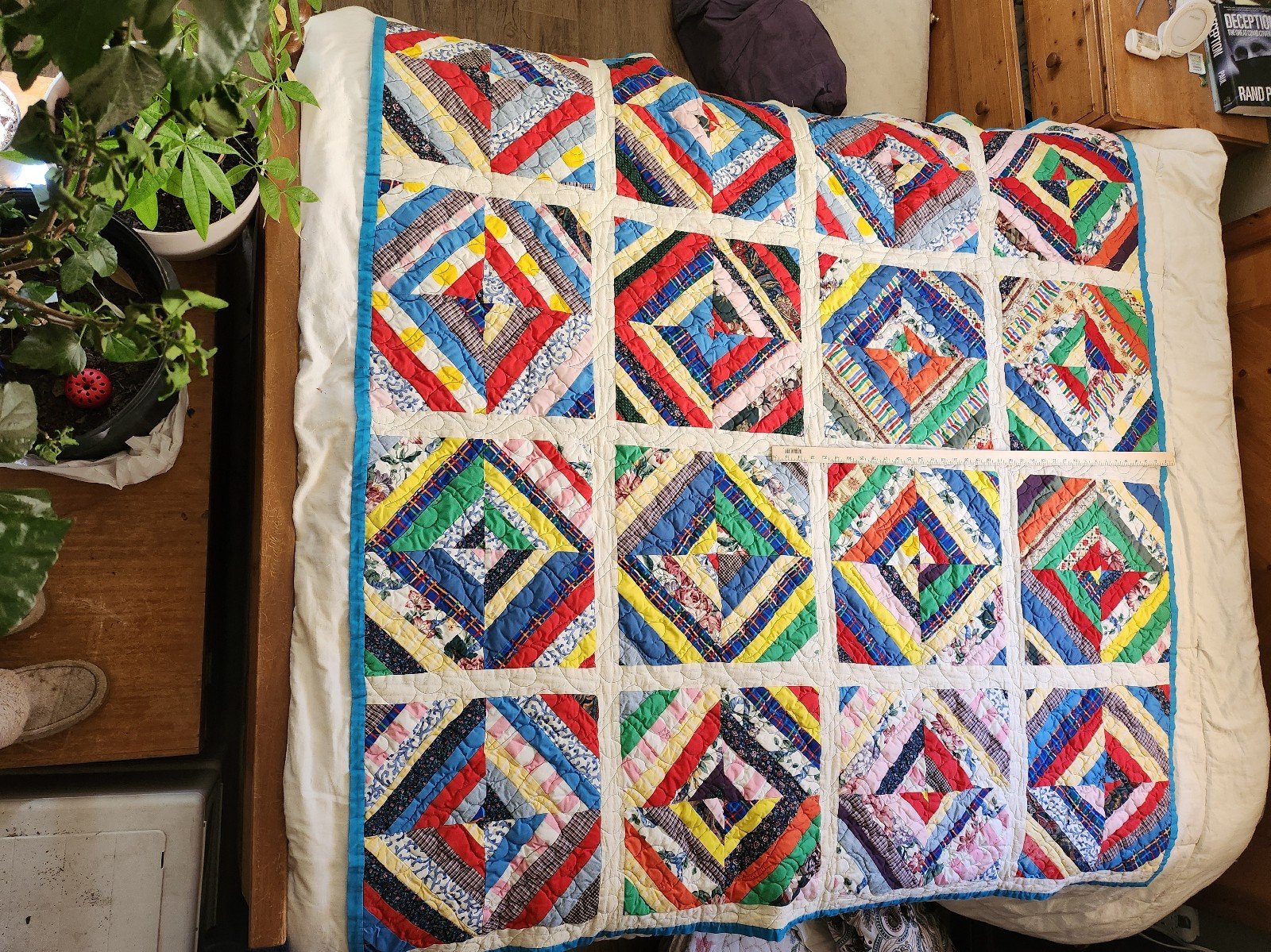 Vintage Colorful String Quilt/Crazy Quilt/Uniquely Quilted/Hand Made 66 X 65