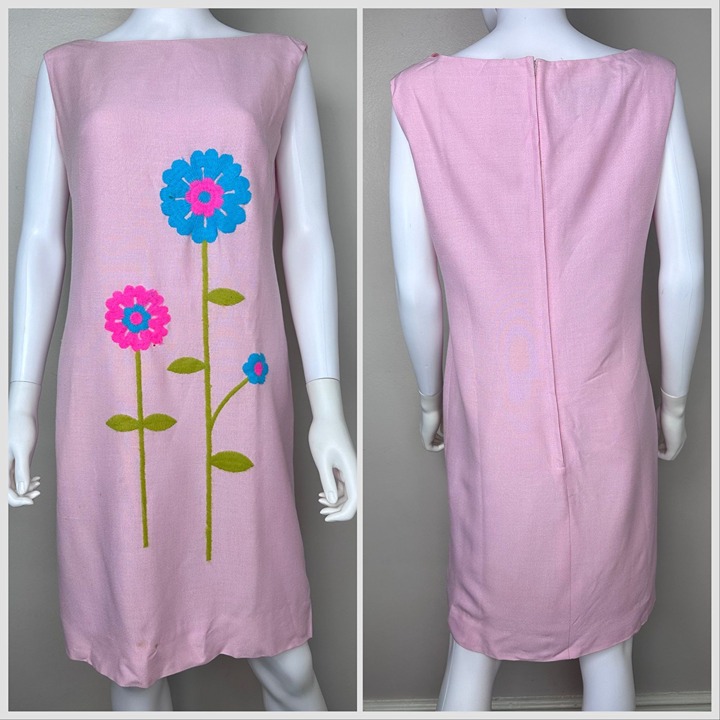 Vintage 1960s Pink Shift Dress, Neon Floral Embroidery, Mister Robert Size S/M