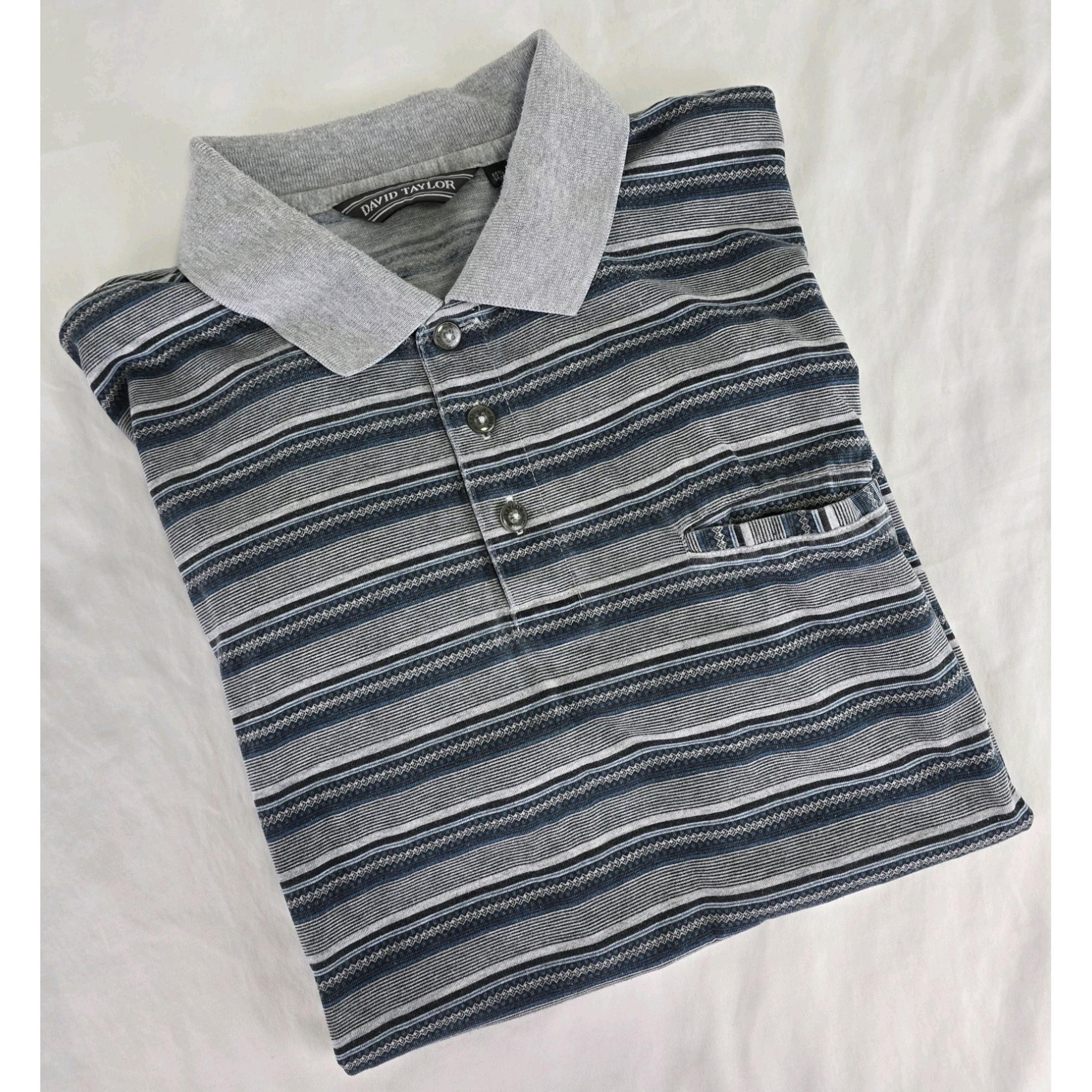 Vtg David Taylor Golf Polo Shirt Mens XL Navy Striped Banded Waist Pocket Dad
