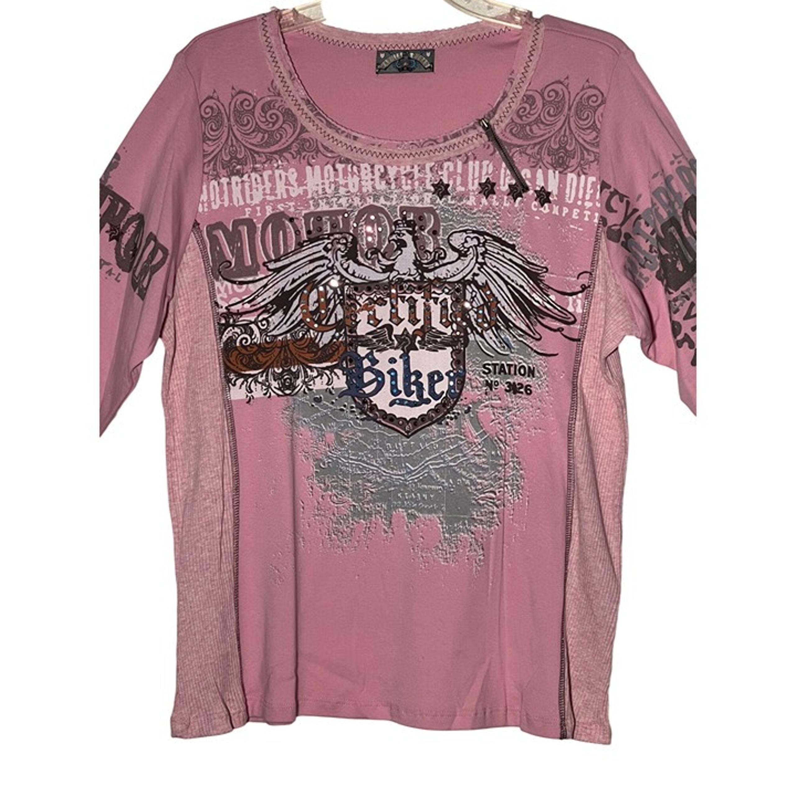 Vanilla Sugar Top 1X Pink Motorcycle  Sequin Ribbed 3/4 Sleeve Y2K Chic USA