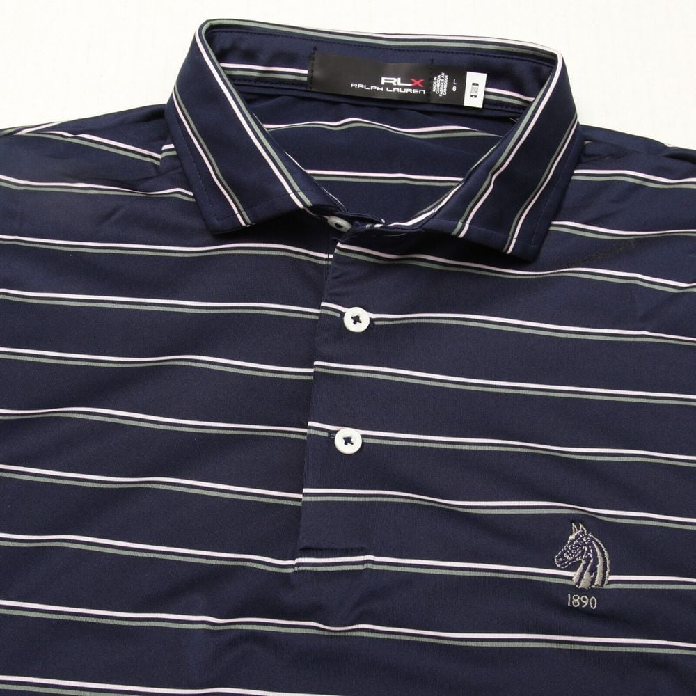 RLX Ralph Lauren Polo Shirt Mens Large Blue White Gray Striped Philadelphia CC