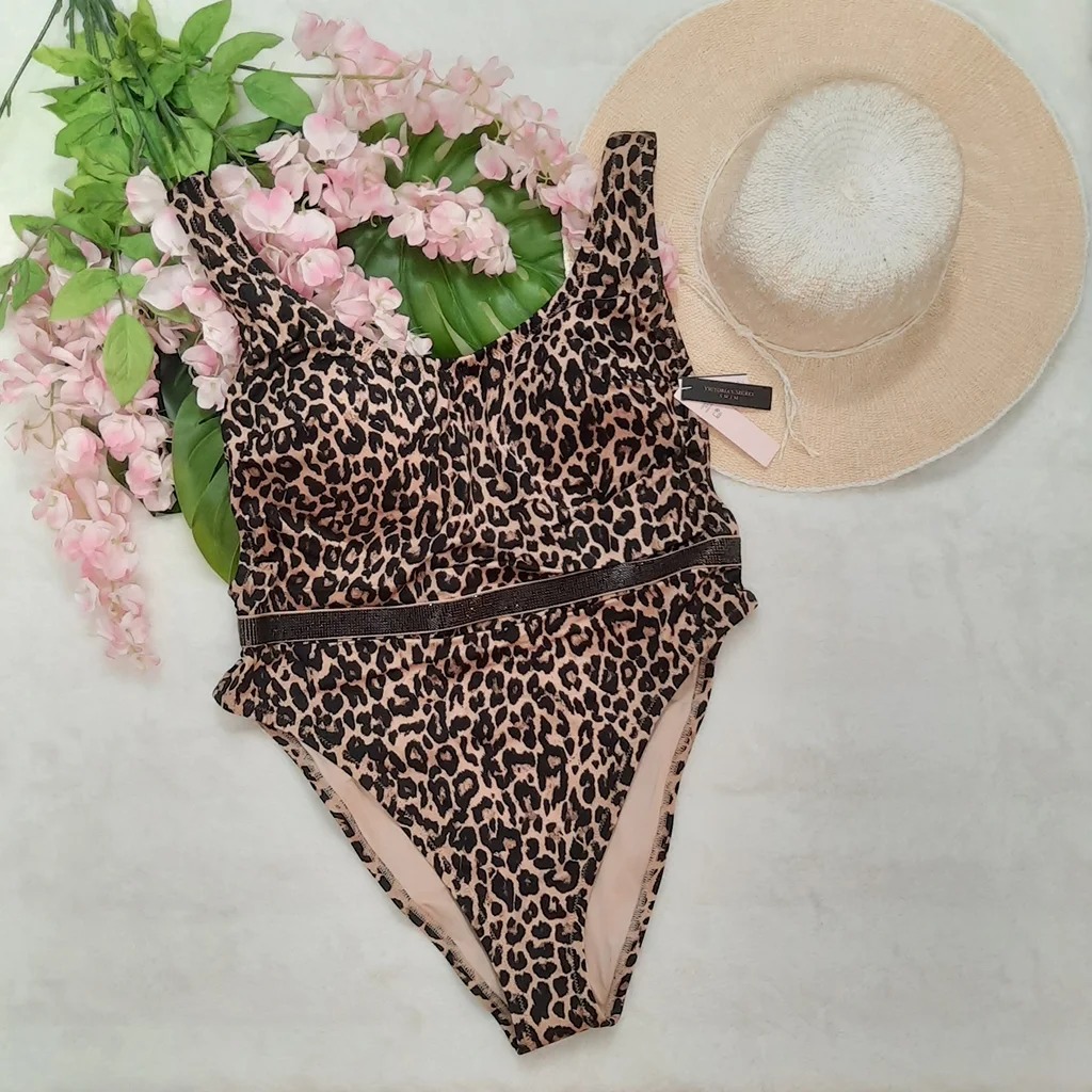 NEW LARGE VS Shine Strap Plunge One-Piece Swimsuit in Leopard
