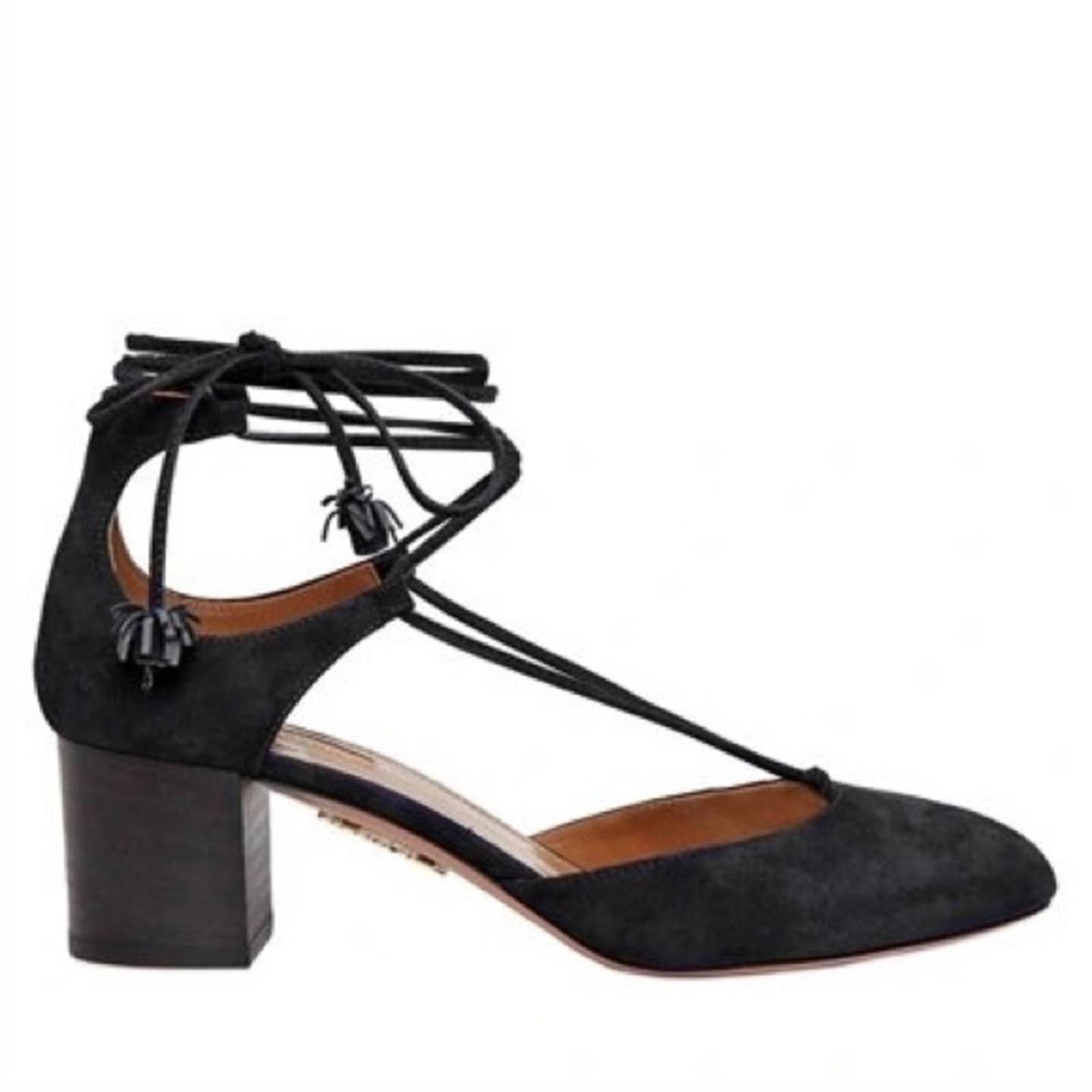 Aquazzura Boheme Suede Lace-up Block-heel Pumps Almond Toe In Black Size 41