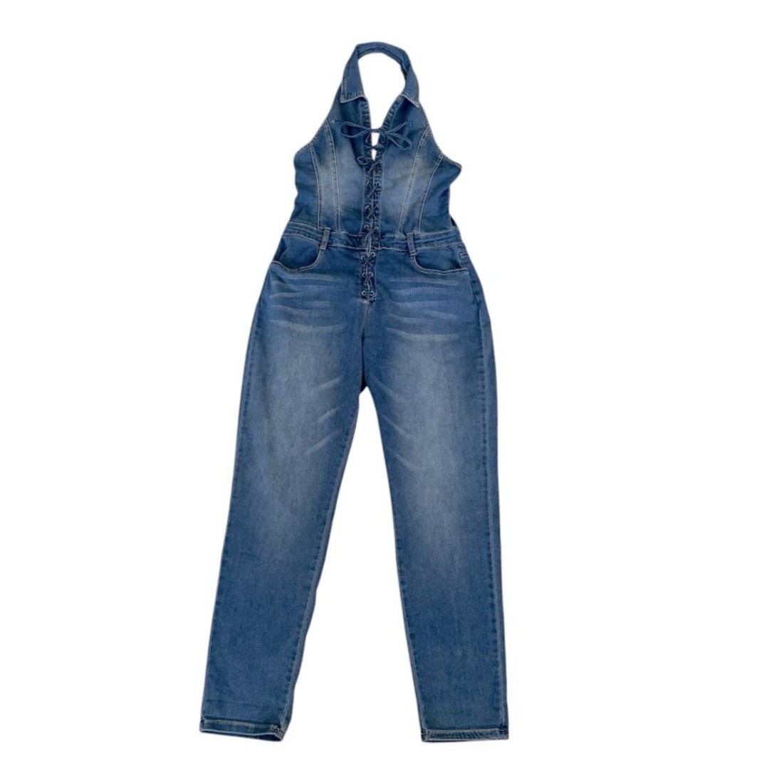 VTG Y2K Hot Kiss Blue Denim Jesse Jumpsuit Stretch Soft Halter Sleeveless 12